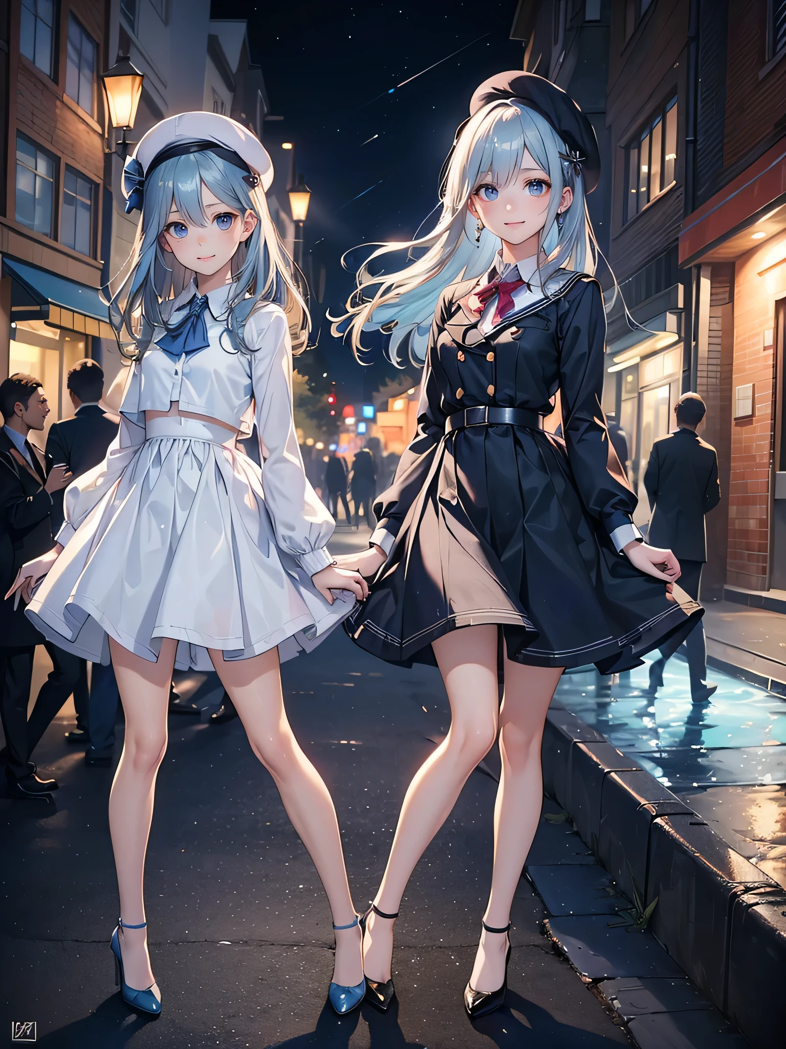 ((Biologically correct limb count)),(( From head to toe,Full-body photo including face)),4K,((Standing position)),masterpiece,((Focus on the face)),((Symmetrical facial features)),Eyes with detailed description,Beautiful woman,Great style,Beautiful arms,Beautiful legs,Beautiful Hands,(Small Ass,Thin thighs),Detailed depiction of the face,Small earrings,necklace,(Will school uniform,dress((High heels))),((Random outdoor night scenes)),(((blue blonde))),Realistic photo,beret,Looking up,Look up,smile