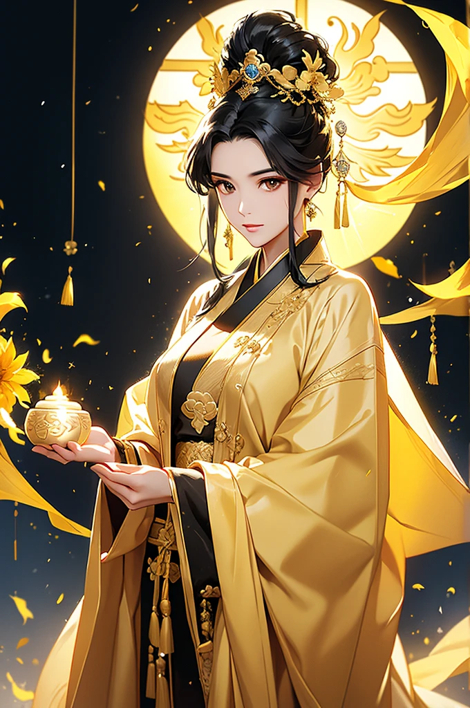 Black Hair, Immortal, Beauty, Royal sister, Stepmother, Gold Yellow Taoist robe, Golden Phoenix Coronet, Hair Bunch, Beautiful , Mature Woman，Sunshine