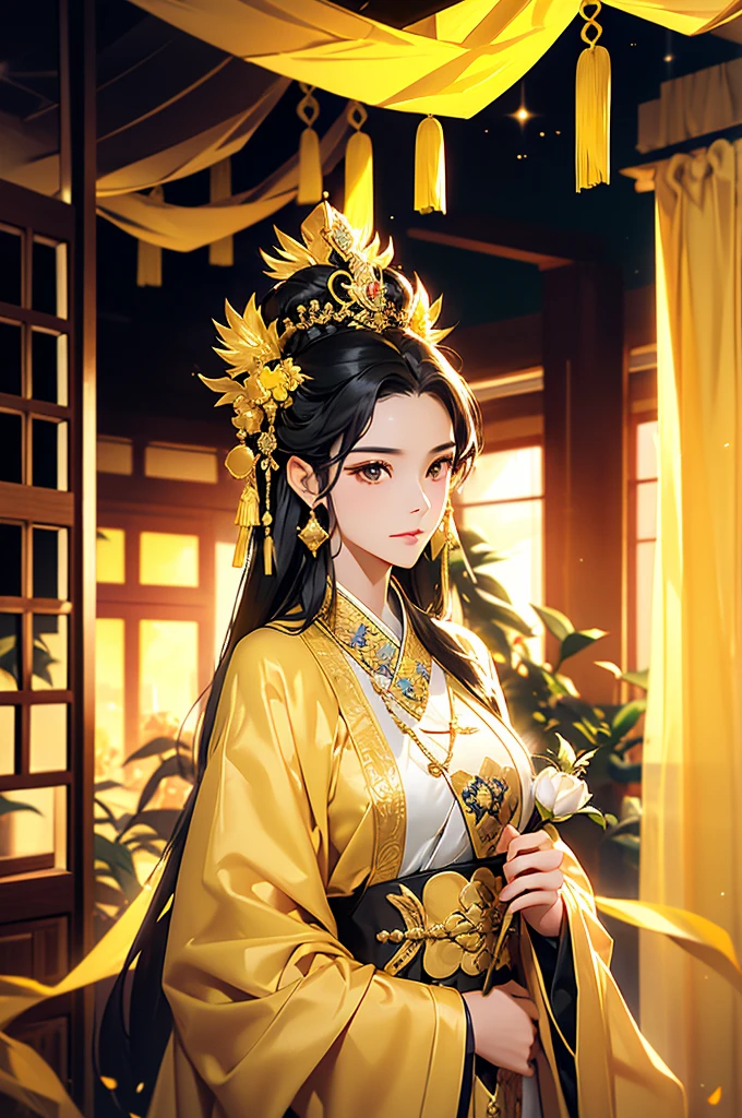 Black Hair, Immortal, Beauty, Royal sister, Stepmother, Gold Yellow Taoist robe, Golden Phoenix Coronet, Hair Bunch, Beautiful , Mature Woman，Sunshine