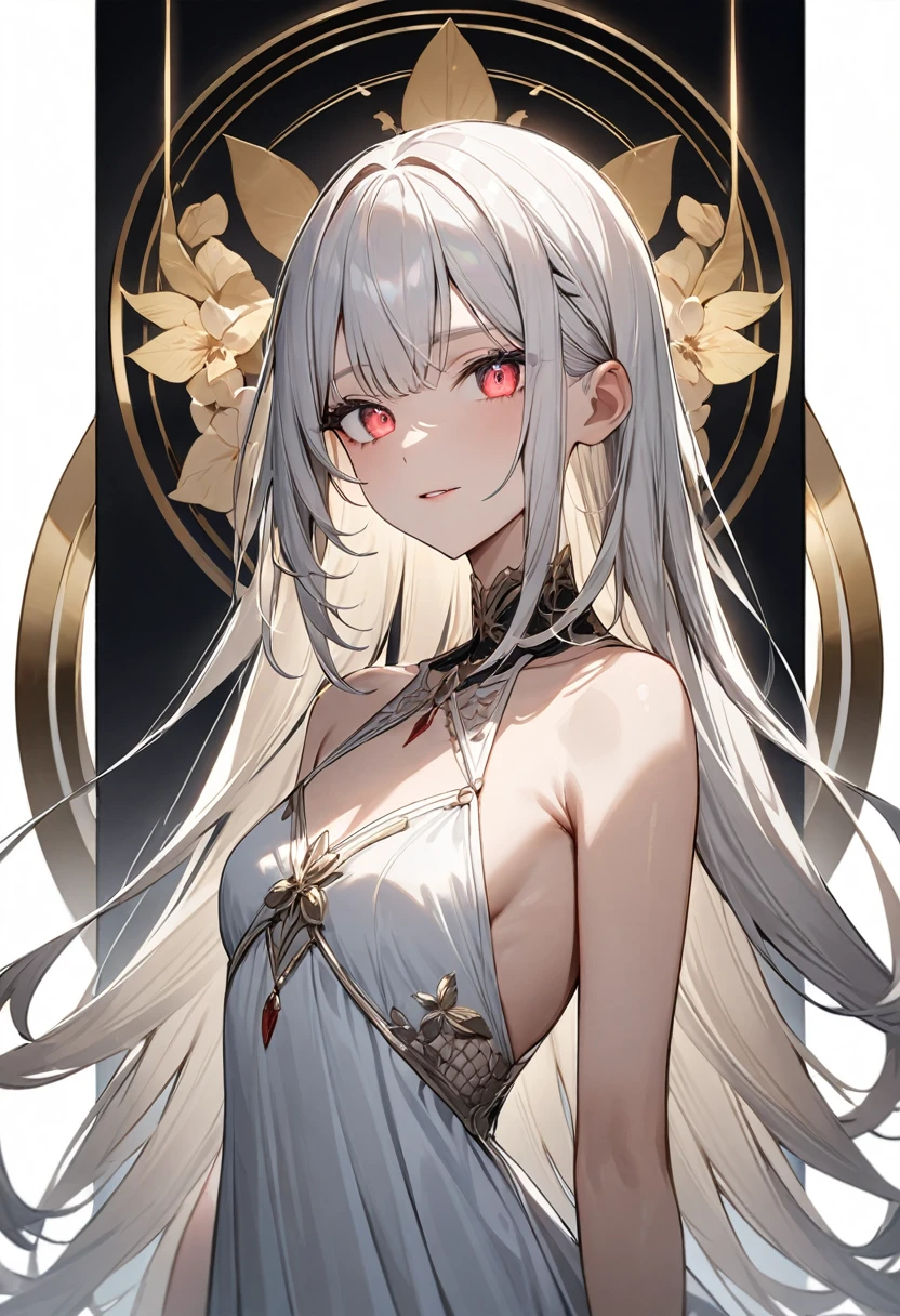(masterpiece, top quality, very aesthetic, 4k、illustration), intricate detail, 1woman,、solo,contrapposto 、Strong glowing eyes、,(upper body)、、(),beautiful face、from side、clear face、straight hair、red to white gradient hair、,middle hair,sidelock ,レッド　eyes、white Summer Dresses、small breasts、Slim 、dim