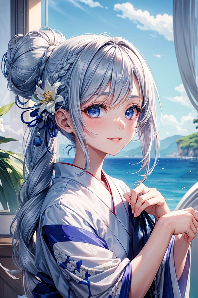Anime character, half body only, upper body only, half body portrait, posing like a model, good looking, beautiful, full of details, aesthetic, hd, masterpiece art, amazing work. Solo, young girl, hair in bun, part of hair in braid, just one bun, flower accessories in bun, bluish gray colored hair, Lady, blue eyes, smile, elegant look, elegant carrying, white Japanese kimono, blue decoration, Lily flower theme, eyes facing camera, simple background.