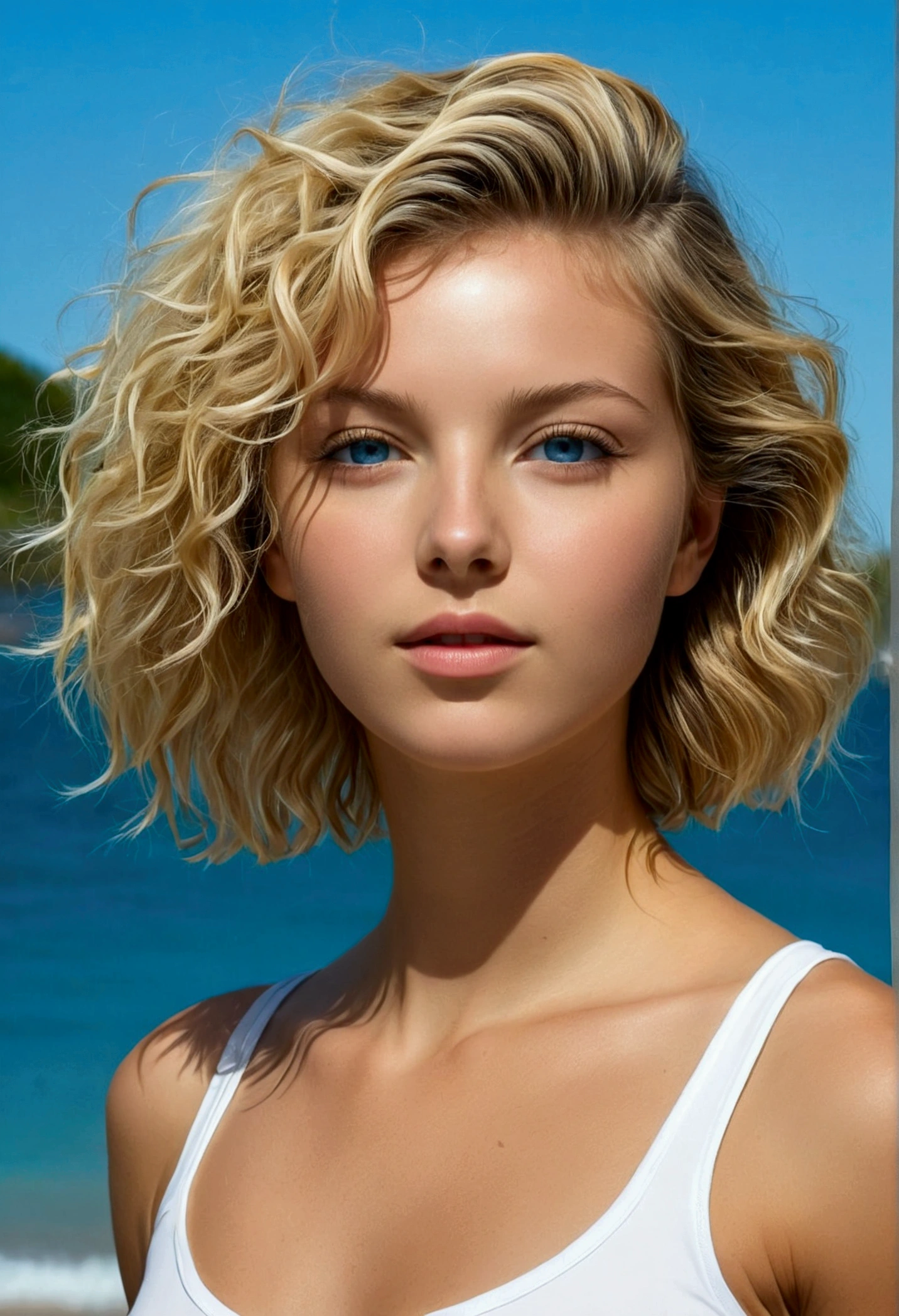 "Créer un modèle jeune, femme très attirante au début de la vingtaine. Elle aurait dû avoir longtemps, cheveux blonds raides qui tombent sur ses épaules. Ses yeux sont de couleur claire, éventuellement bleu ou noisette, avec une expression confiante et légèrement sérieuse. Sa peau est claire et lisse, avec une bonne mine. Elle a un tonique, forme d'Athlete, mettant en valeur une taille bien définie et des jambes fortes.
Elle est vêtue d'une tenue sportive: Un noir, haut court à col montant bien ajusté, mettant en valeur ses bras et son ventre toniques, et blanc, un short moulant qui accentue ses courbes. La scène doit se dérouler sur une plage ensoleillée avec un ciel bleu clair, rivages sablonneux, et des arbres lointains, capturer l'atmosphère détendue mais active.
Assurez-vous que sa posture est confiante et forte, avec une main posée sur sa hanche et l'autre pendant naturellement à ses côtés. Son expression faciale doit transmettre un mélange de détermination et d'allure.. L'arrière-plan doit inclure des éléments d'un environnement de plage, comme le sable, eau, et quelques baigneurs au loin, pour donner du contexte et de la profondeur à l'image."
