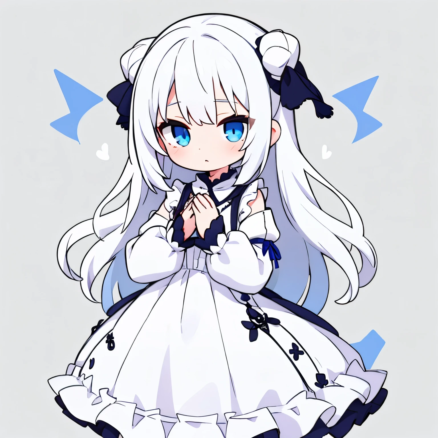 A girl,No background,Solitary,blue eyes,White hair,Wearing a white dress，Hands in sleeves