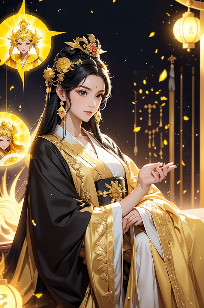 Black Hair, Immortal, Beauty, Royal sister, Stepmother, Gold Yellow Taoist robe, Golden Phoenix Coronet, Hair Bunch, Beautiful , Mature Woman，Sunshine