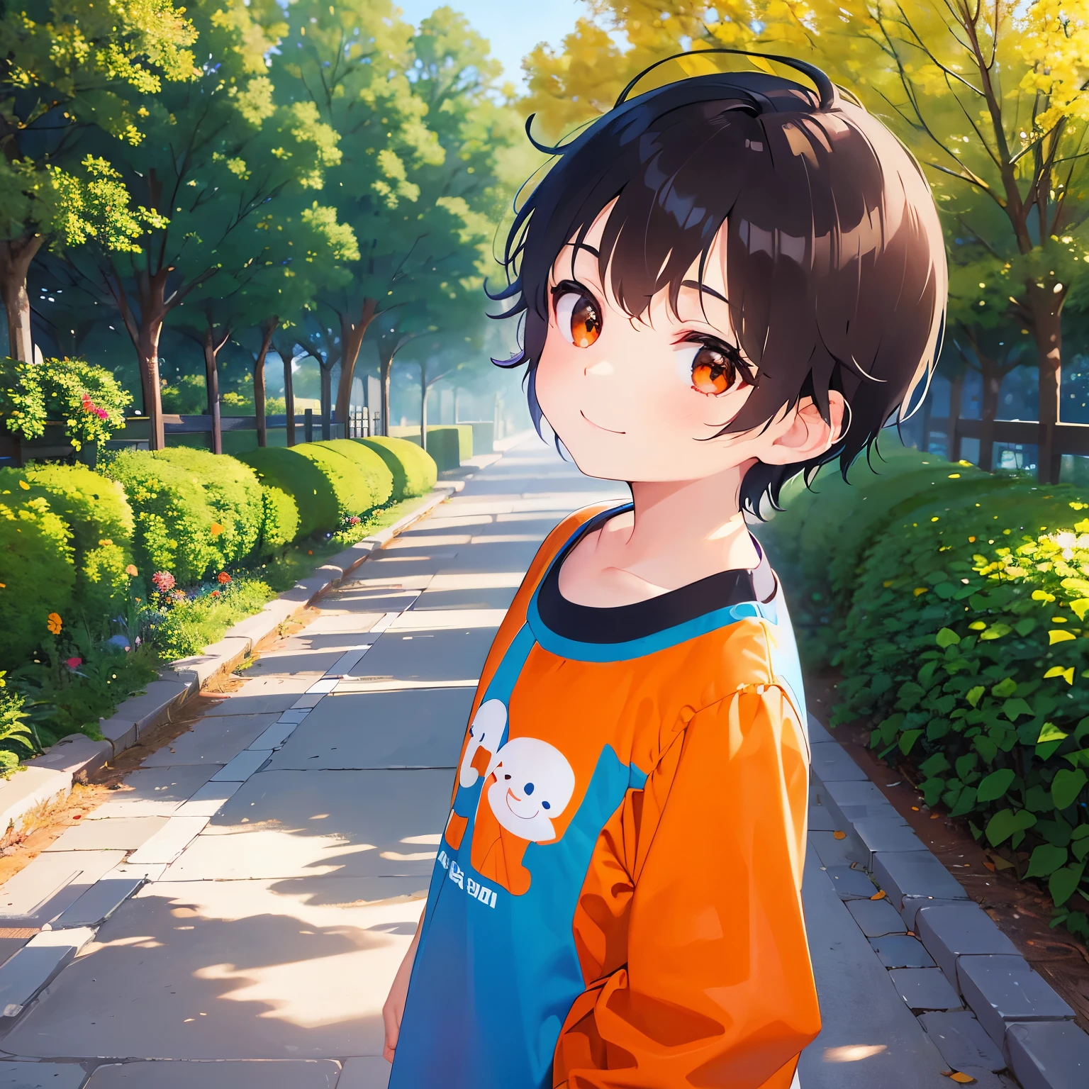 With arms outstretched、 child、masterpiece、Highest quality、 (Short hair with brown bangs) and (Orange eyes) and (5 year old boy:1.5)、Boy, (Blue long sleeve shirt:1.5)、 smile, The background is a park、The upper body is shown、Alone、Are standing