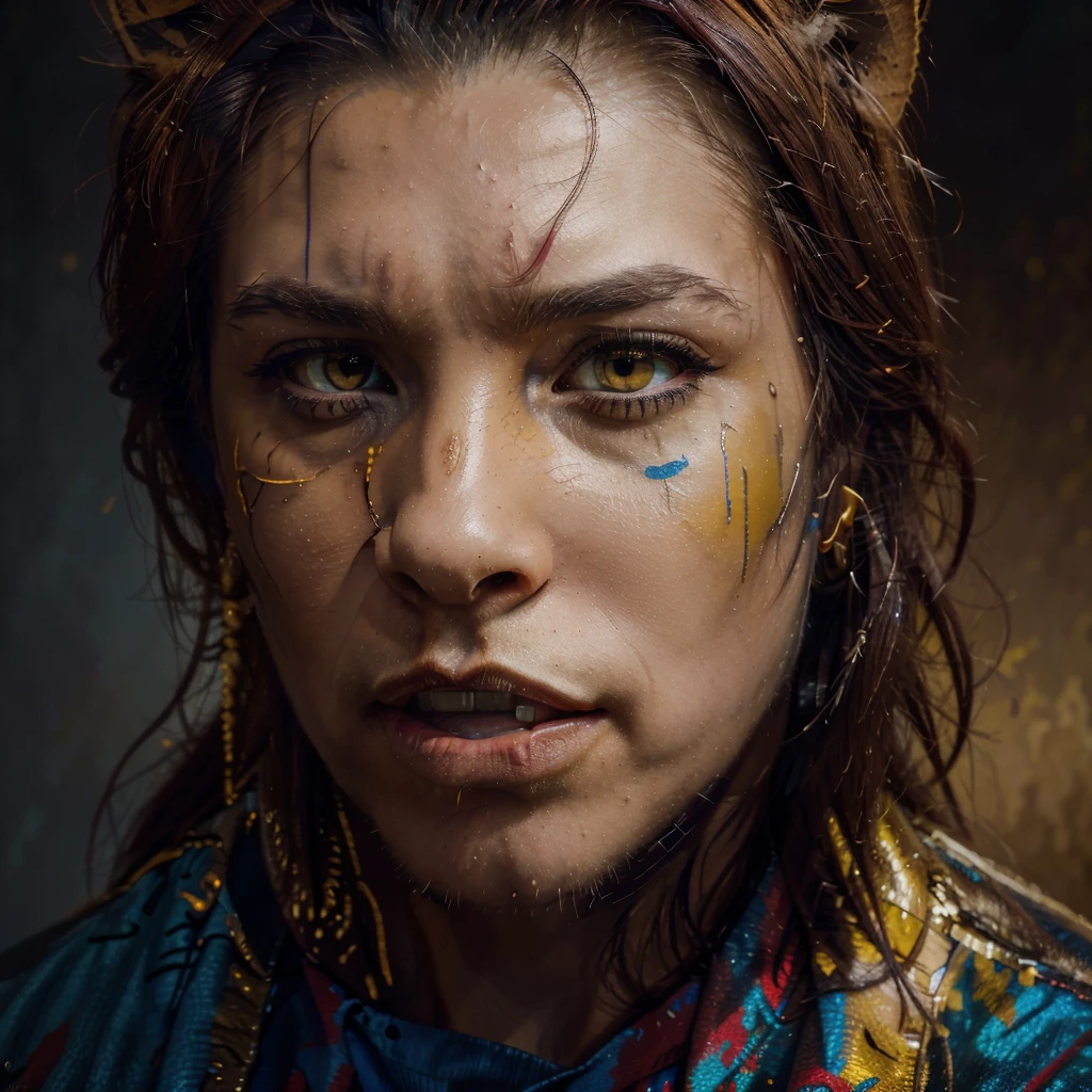 generates an amazing 8k UHD oil painting of a roaring lion, head-on shot, close-up shot, luxury shot, masterpiece, paint splatter, pointillism style, dominant colors yellow, royal blue and red, burgundy background color