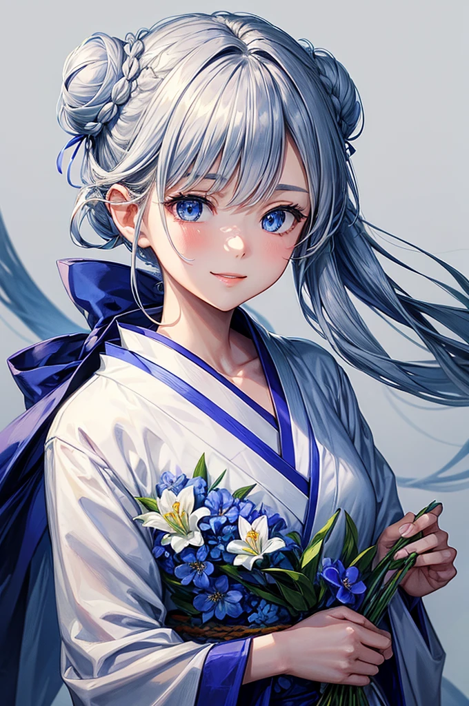 Anime character, half body only, upper body only, half body portrait, posing like a model, good looking, beautiful, full of details, aesthetic, hd, masterpiece art, amazing work. Solo, young girl, hair in bun, part of hair in braid, just one bun, flower accessories in bun, bluish gray colored hair, Lady, blue eyes, smile, elegant look, elegant carrying, white Japanese kimono, blue decoration, Lily flower theme, eyes facing camera, simple background.