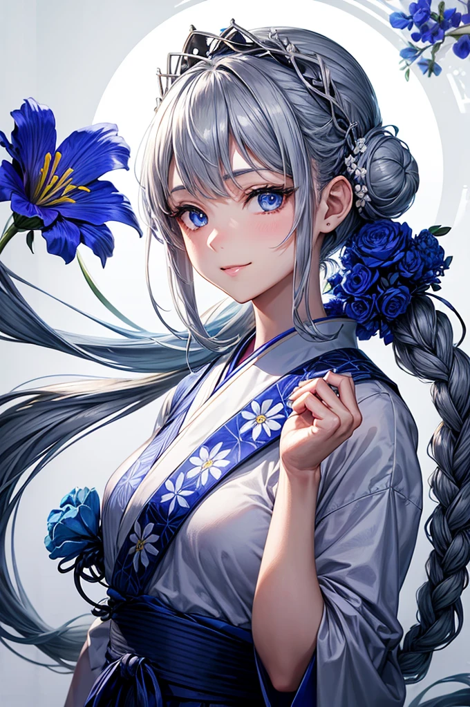 Anime character, half body only, upper body only, half body portrait, posing like a model, good looking, beautiful, full of details, aesthetic, hd, masterpiece art, amazing work. Solo, young girl, hair in bun, part of hair in braid, just one bun, flower accessories in bun, bluish gray colored hair, Lady, blue eyes, smile, elegant look, elegant carrying, white Japanese kimono, blue decoration, Lily flower theme, eyes facing camera, simple background.