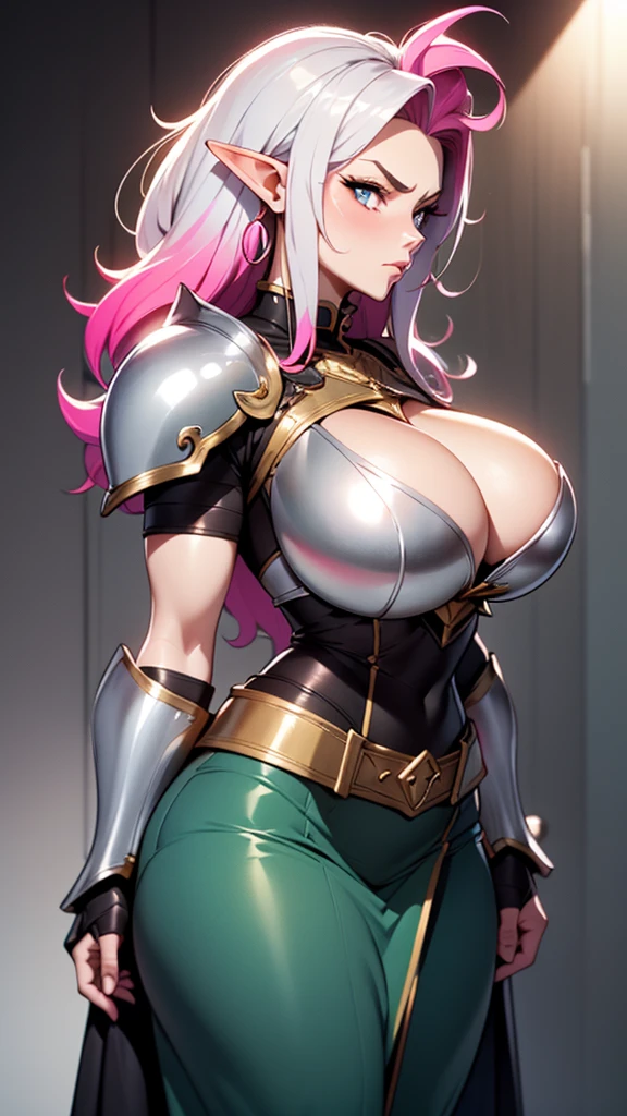 High detailed, 1 girl, gradient 2 colored hair, cyan-pink colored hair, elf ears, extremely huge wild spiked hair, wild spiked hairstyle, serious, sapphire colored eyes, sharp eyes, long earings, big , firm plump body, silver armor, soft breas, deep cleavage bing breastplate, silver, pointed shoulder pads, silver gauntlets, silver belt, gray long skirt, looking to the viewer