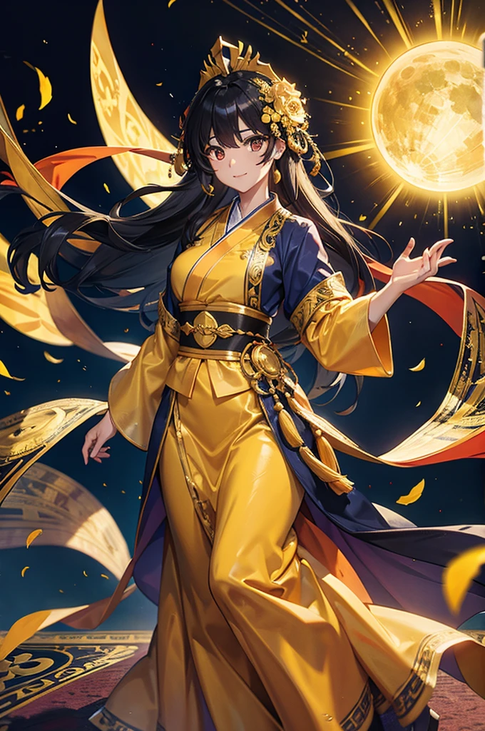 Black Hair, Immortal, Beauty, Royal sister, Stepmother, Gold Yellow Taoist robe, Golden Phoenix Coronet, Hair Bunch, Beautiful , Mature Woman，Sunshine