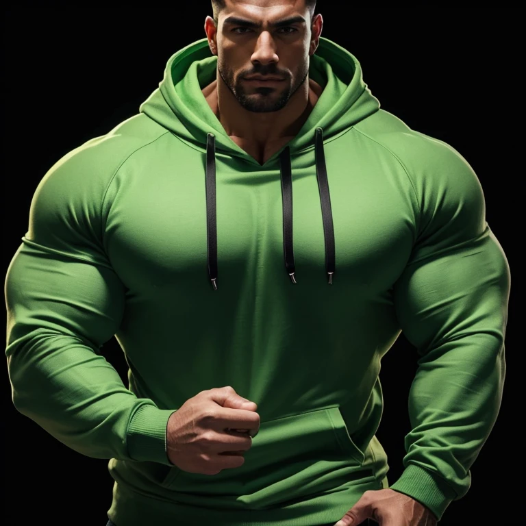 a very handsome man, massively muscular, with massively large muscles, with massively large and muscular biceps, with massively large and muscular arms, massively muscular bodybuilder, extremely large muscular, wearing a simple light green hoodie with long sleeves, in a black background, seen up close