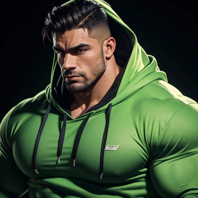 a very handsome man, massively muscular, with massively large muscles, with massively large and muscular biceps, with massively large and muscular arms, massively muscular bodybuilder, extremely large muscular, wearing a simple light green hoodie with long sleeves, in a black background, seen up close