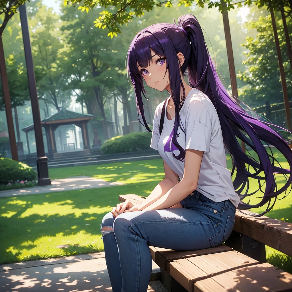"Anime-style illustration of a beautiful young woman with long, dark purple hair in a high ponytail. She has large, expressive purple eyes and is wearing a fitted white t-shirt with a graphic design, along with ripped blue jeans. She is sitting on a park bench on a sunny day, with trees and people walking in the background. The setting is bright and cheerful, with sunlight filtering through the leaves."
