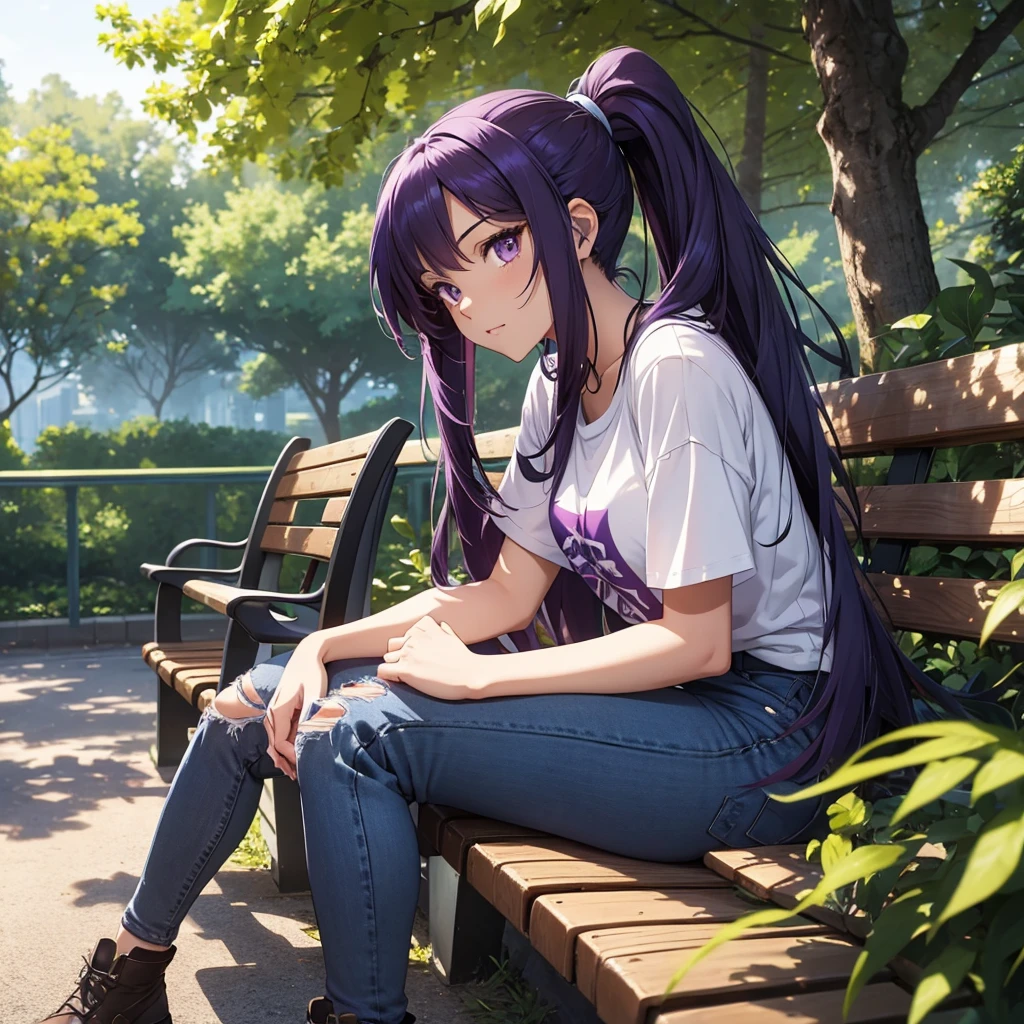 "Anime-style illustration of a beautiful young woman with long, dark purple hair in a high ponytail. She has large, expressive purple eyes and is wearing a fitted white t-shirt with a graphic design, along with ripped blue jeans. She is sitting on a park bench on a sunny day, with trees and people walking in the background. The setting is bright and cheerful, with sunlight filtering through the leaves."