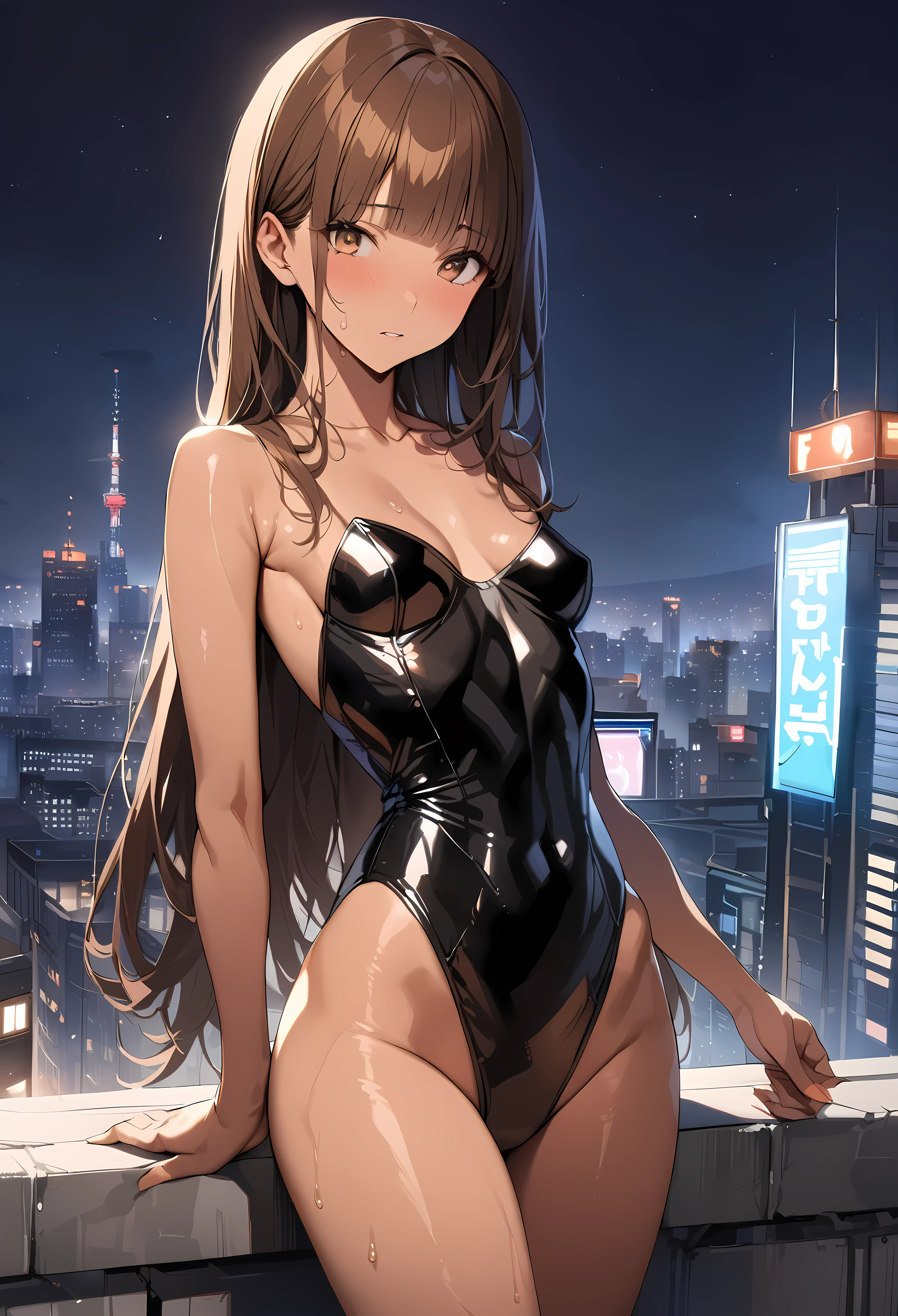 ((masterpiece,best quality anime,Highest quality:1.3)),realistic,cowboy shot,Mature Beauty,solo,1woman,((very small head:1.3)),ideal ratio body proportions,tan skin,brown hair,bangs,straight long hair,gorgeous eyes,brown eyes,(Black leotard bodysuit、A detailed depiction of a rifle being held in the hand),((slender body,skinny,toned body)),small breasts,sweat,gleaming skin,shiny skin,((rooftop of high-rise building)),shinjuku、moonlight、at night、Modern Tokyo、