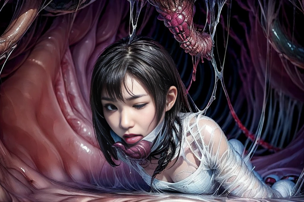 too many creepy tentacles are (((licking))) Asian school girl (inside creature:1.4) of stinky saliva fluids in fantasy, (stinky dress), wet girl, sitting, ((looking at the viewer)), wet skin, bukkake, anguished, bound by slimy tentacles, bdsm, vine, sitting in a mirror, she is resisting from cum shot, fetish, pussy juice stain, (she is hiding her mouth:1.5) inside creature, slimy ((wet skin)) dripping, (beautiful eyes), dried saliva, ((steaming)), depth of field, 1girl, solo, censored