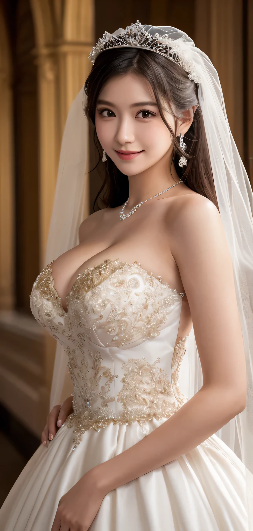 ((RAW images)),(Tabletop),(Highest quality, Realistic, In detail, High resolution, 8k wallpaper),(Super Detail),((Very delicate and beautiful)),Focus on the characters,Dynamic Angle,View your viewers,((alone)),Are standing,((whole body)),((A princess wearing a gorgeous ball gown wedding dress with a voluminous skirt)),((June Bride)),Detailed face and eyes,Jewel-like eyes,((Very long and voluminous hair)),Gorgeous embroidery and lace,((Gorgeous corsage)),See through,(Gorgeous Jewelry Ornaments),Luxury hair accessories,Gorgeous jeweled tiara,Gorgeous frills,((Big Tits)),indoor,Church wedding,((whole body)),Hoop skirt,crinoline,very long wedding veil,(((A mix of bejeweled wedding dresses and lavishly embroidered Rococo ball gowns))), (((Very large breasts bigger than a face))), ((Beautiful golden ratio face)), ((A fiercely lewd bride)), ((Japanese Girls)), 8k, RAWphotograph, Highest quality, Very detailedな, 超High resolution, Realistic, Photorealistic, High-definition RAW color photograph, Professional Photograph, Very detailed, 8k wallpaper, wonderful, finely, Large file size, Very detailed顔, Very detailed目, Very detailed肌, very thin fingers, Very detailed鼻, Very detailed口, Perfect Anatomy,Thighs、Shin swelling、feet、 Very detailed background, Realistic body, Good figure, Hair fluttering,photograph, (smile), Perfect Skin, Perfect Anatomy, (woman'Clothes)、((((((We take a photograph of your whole body from head to feet.))))))、(((Her breasts are so big they overflow from her bra)))、((((Browsing Caution))))、