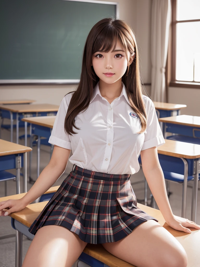 Product quality,1 girl,Cowboy Shot,Front view,Young and pretty girl in Japan,Daytime, ((High school classroom:1.2)),Schoolgirl uniform,blazer,Wearing,Wearing a super short blue plaid pleated micro mini skirt,Super cute face,Glossy Lips,Double eyelids on both eyes,(Natural Makeup),shiny smooth light brown hair with long hair,,Asymmetrical bangs,Center image,8k resolution,Attention to detail,Detailed hairstyle,Detailed face,Cinema Lighting,Octane Rendering,Ultra-realistic,Perfect limbs,Beautiful feet,Voluptuous thighs,Huge breasts,Perfect Anatomy,Spread your legs,Bold sexy pose,Gravure idol pose