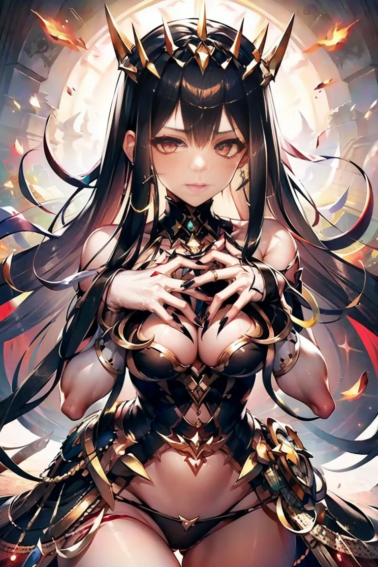 hand on own chest, hands up, black hair, bare shoulder, red eyes, very long hair, cleavage, large breasts, dress, showgirl skirt, high-leg, cleavage cutout, tiara, bare thighs, gauntlets, bare shoulder, (((((((((bare nails, bare fingers, bare hands, good hands, best hands, Correctly aligned fingers, extremely detailed hands and fingers, ultra detailed hands and fingers, super detailed hands and fingers, perfect female hands and fingers, biologically accurate hands and fingers, 4 fingers and 1thumb accurate hands and fingers, beautiful hands and fingers, hands and fingers drawing, human hand and fingers, perfect arrangement of fingers, detail focus hands, perfection hands, better hands))))))))), adult face, fearless face, both arms, two arms, both hands, two hands, super fine illustration, masterpiece, masterwork, by famous artist, official art, ultra high res, best quality, high quality, Hand, detailed, perfect, perfection , hands, both hands is Thumb and index finger and middle finger and ring finger and little finger, symmetrical hands, even hands, panties,