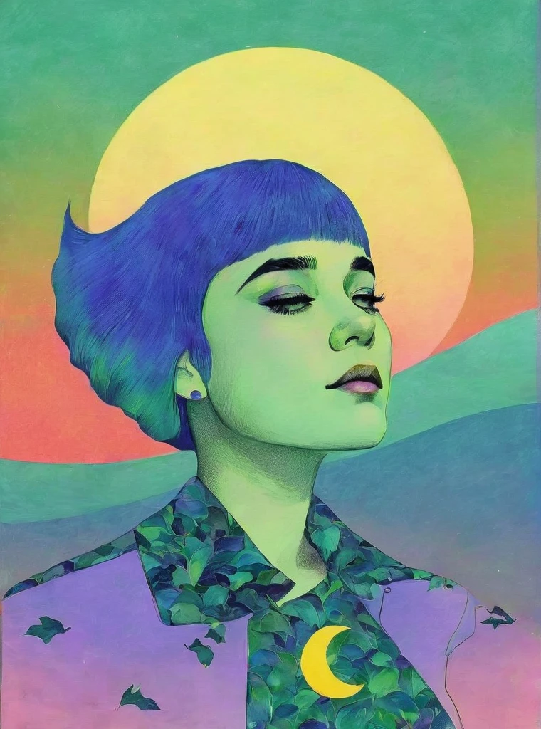 Madonna bangs, sea-green jacket, blue hair, crescent moon, evening, ginkgo leaf, gradient, gradient background, gradient sky, jacket, long hair, moon, spring-green background, violet sky, shirt, solo, sunset, twilight, upper body, white shirt, yellow background, crimson sky, malachite theme, pop surrealism