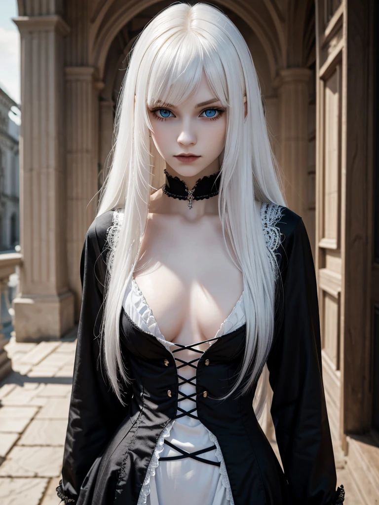 (best quality), 1girl, female, pale skin, white hair, long hair, swept bangs, straight hair, blue eyes, perfect eyes, , slender, flat chest, shy, (gothic clothes), masterpiece, anatomically correct, highres