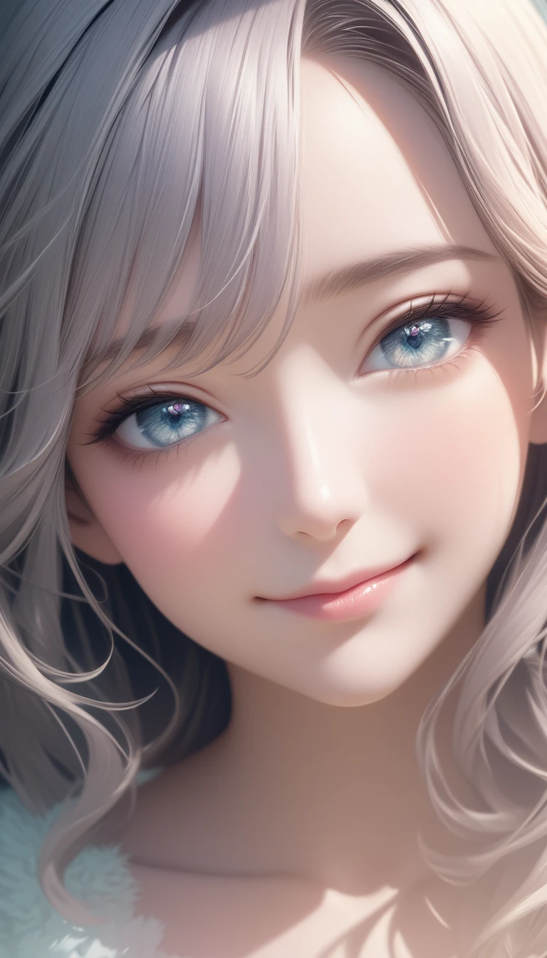 cute beautiful woman, smile, shy, light makeup, great proportion, background gentle color scheme, soft and fluffy calm effects, shading effects, gradation magic effects, (ultra detailed, absolutely resolution, best quality:1.3), 2.5D, delicate and dynamic, artistic photography, hyper realistic, graphic CG digital art