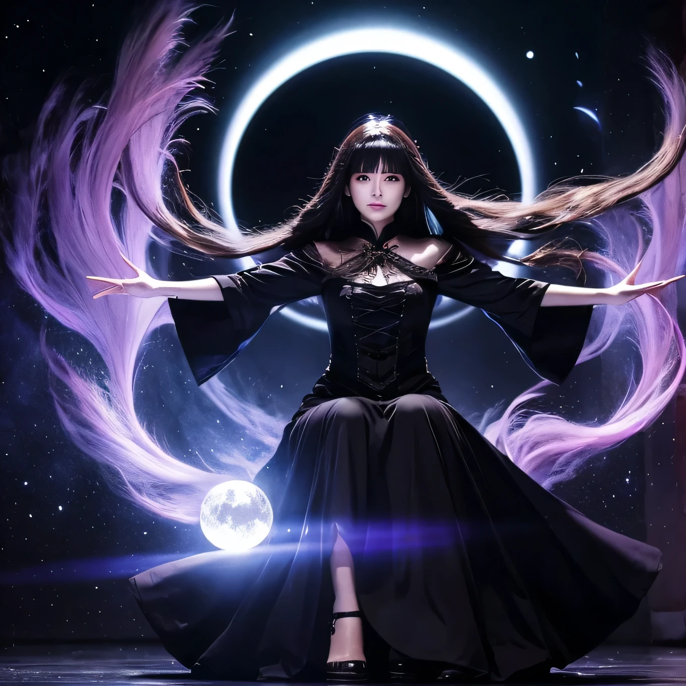 The background is a dark moon and a dim world、The most beautiful female magician in the world、Floating in the air, magic in both hands、