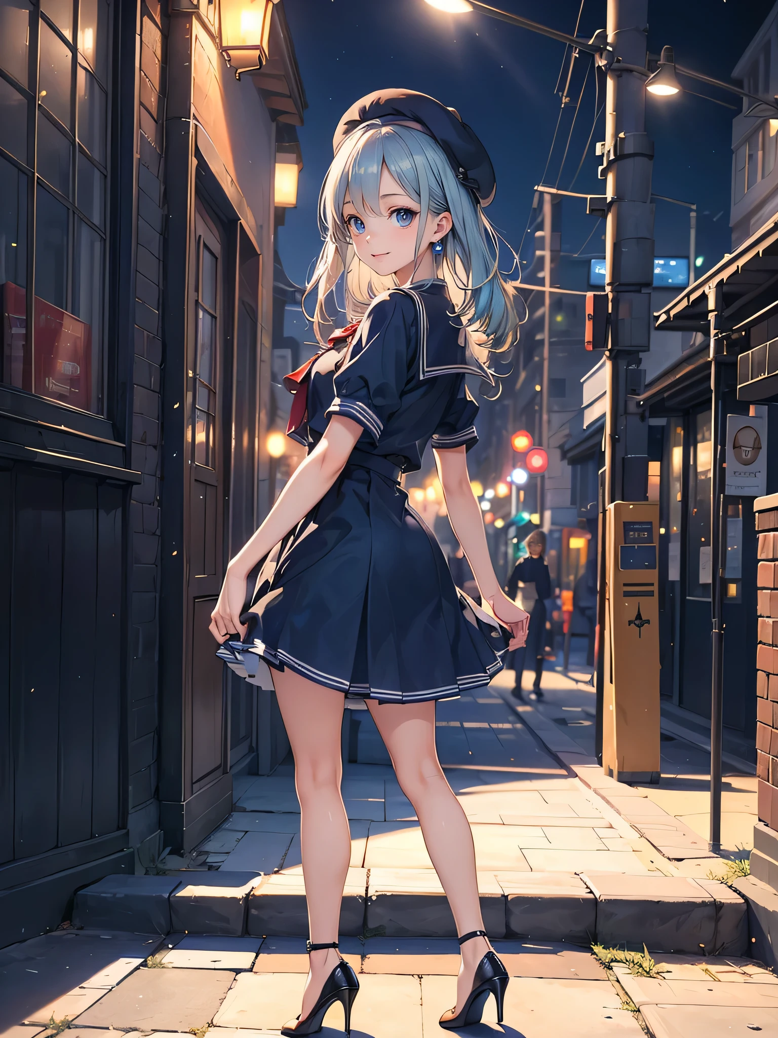 ((Biologically correct limb count)),(( From head to toe,Full-body photo including face)),4K,((Standing position)),masterpiece,((Focus on the face)),((Symmetrical facial features)),Eyes with detailed description,Beautiful woman,Great style,Beautiful arms,Beautiful legs,Beautiful Hands,(Small Ass,Thin thighs),Detailed depiction of the face,Small earrings,necklace,(Will school uniform,dress((High heels))),((Random outdoor night scenes)),(((blue blonde))),Realistic photo,beret,Looking up,Look up,smile