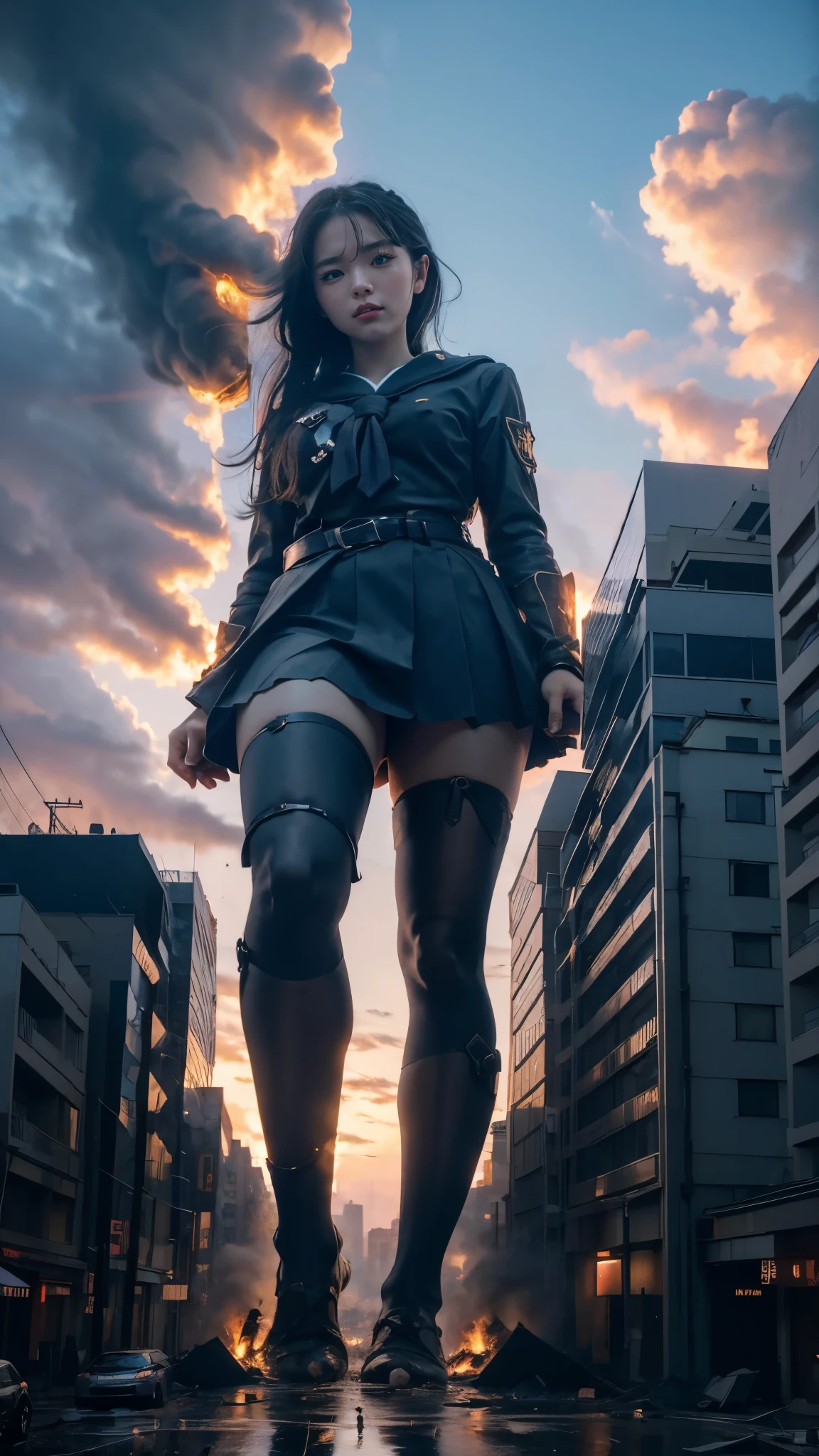 (Giantess elements, high resolution, high quality, accurate body structure, detailed body), Japanese high school girl, sailor uniform, towering giant girl, looking up at approaching woman from below, giant attacks city, cute, girl destroying small town, destroying small town, mischievous expression, Japanese language, white skin, smile, trampling buildings, rubble, burning small town, destroyed small building, collapsed highway, car being crushed, evacuation of residents, sunset, burning small town, please, walk, trample, anatomically correct, accurate human body, accurate skeleton, full body portrait, blue eyes, rubble scattered at feet, taller than skyscrapers, big impact, amazing, giantess elements, drawing women big, increasing destructive elements, making city smaller, rampaging, city, building,
