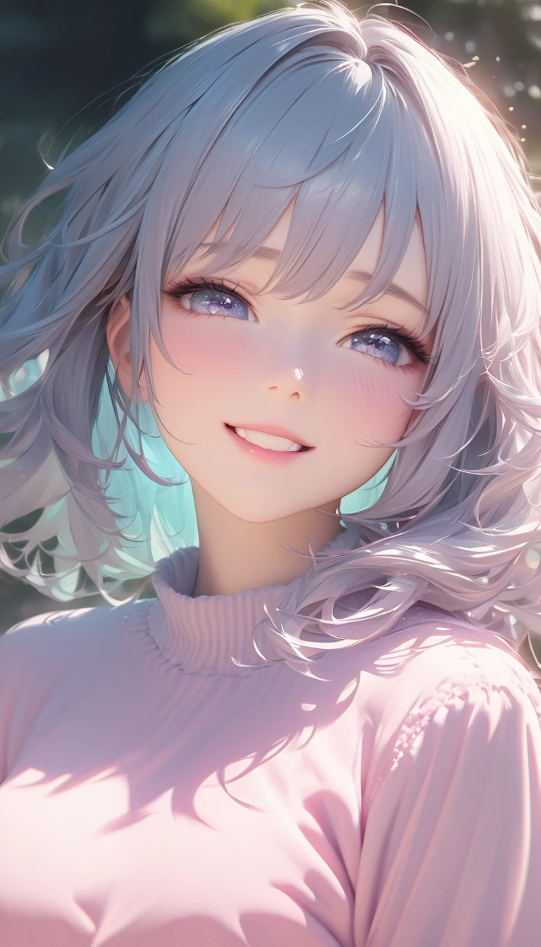 cute beautiful woman, smile, shy, light makeup, great proportion, background gentle color scheme, soft and fluffy calm effects, shading effects, gradation magic effects, (ultra detailed, absolutely resolution, best quality:1.3), 2.5D, delicate and dynamic, artistic photography, hyper realistic, graphic CG digital art