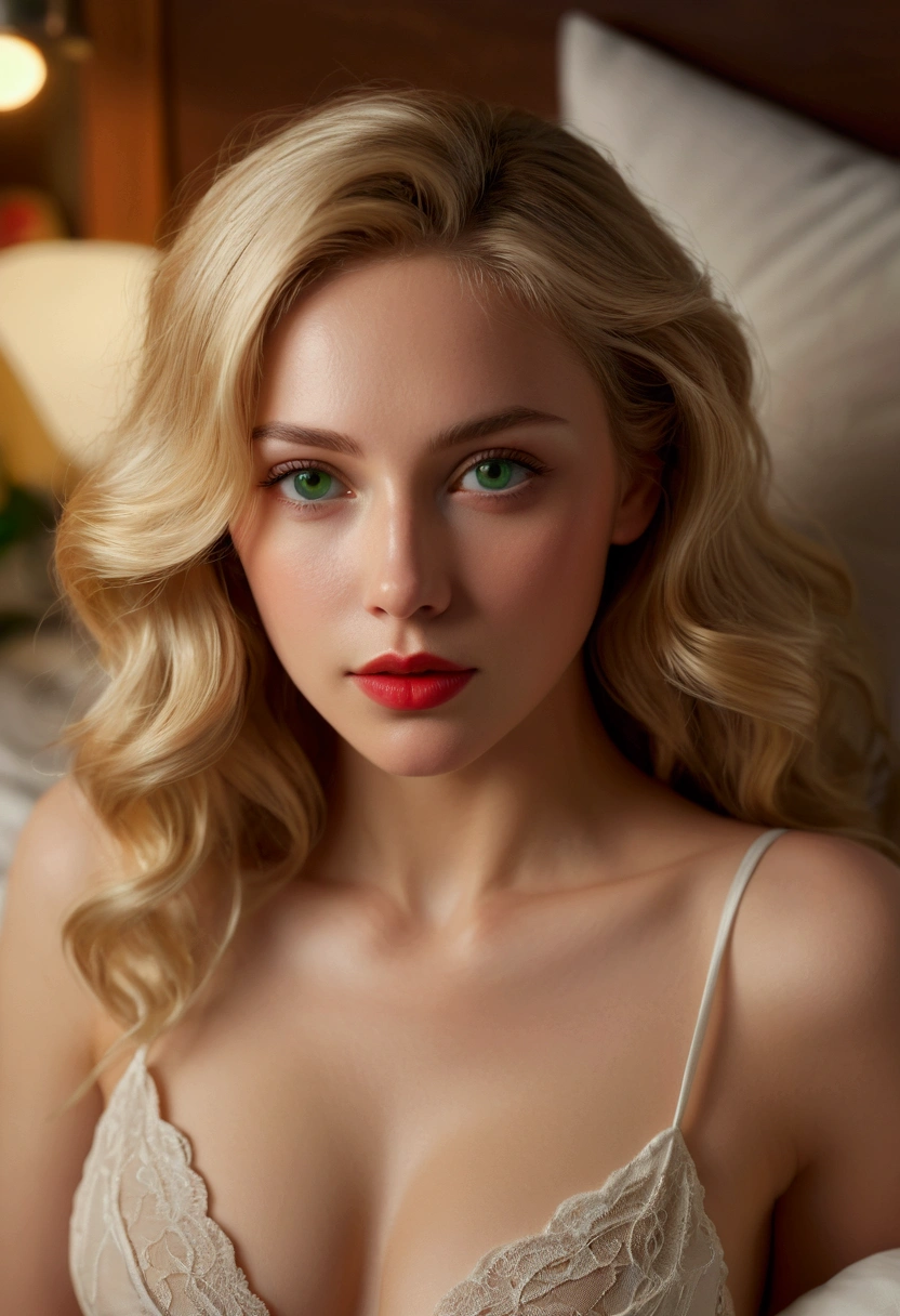 young and beautiful woman, blonde hair that falls gently in waves up to the shoulders, Medium height, big green eyes, skin fair, she's naked, she is in her bed, The environment is illuminated with lights of warm and pleasant colors making her hair shine, her face is naturally serene, lips with red lipstick, 8k texture, highly detailed, realisitic, soft Cinematic Light, HDR, sharp focus, Masterpiece artwork, fotorrealisitic, rewarded photography, Canon EOS R5, 35 mm