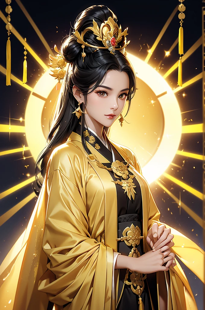 Black Hair, Immortal, Beauty, Royal sister, Stepmother, Gold Yellow Taoist robe, Golden Phoenix Coronet, Hair Bunch, Beautiful , Mature Woman，Sunshine