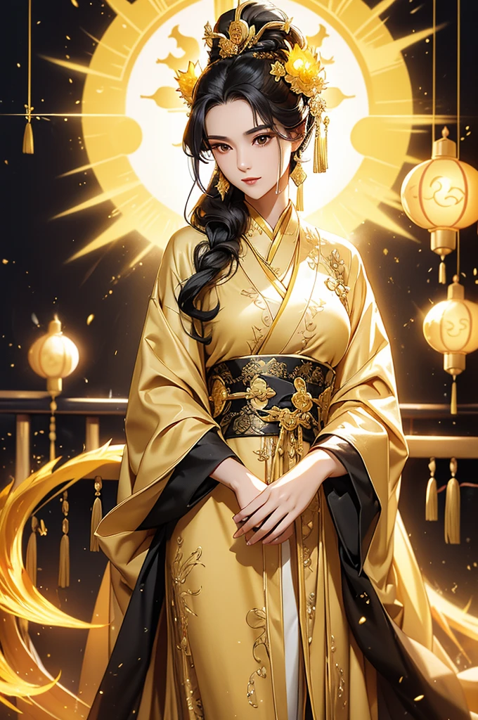 Black Hair, Immortal, Beauty, Royal sister, Stepmother, Gold Yellow Taoist robe, Golden Phoenix Coronet, Hair Bunch, Beautiful , Mature Woman，Sunshine