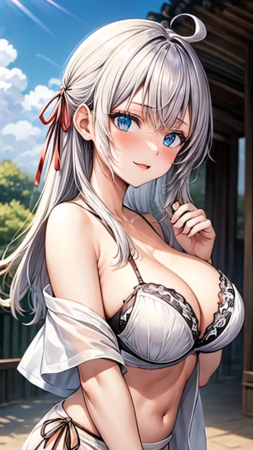 High school girl , beauty , silver Hair  ,　yukata　gigantic breasts　, (White tube top bra:1.2) , (White loin cloth:1.2)　shrine , bare breasts