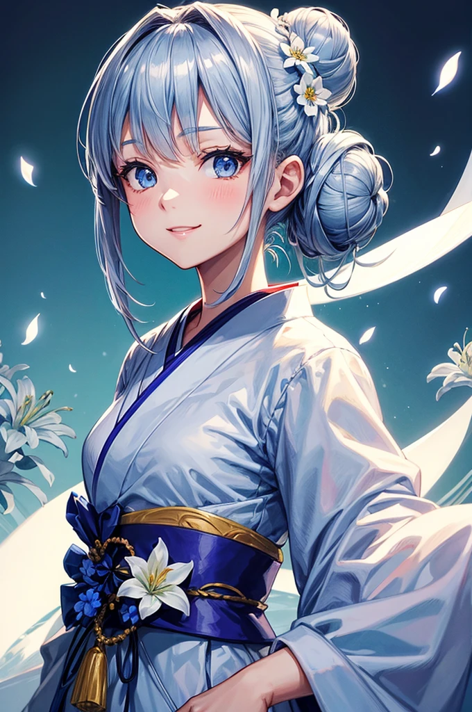 Anime character, half body only, upper body only, half body portrait, posing like a model, good looking, beautiful, full of details, aesthetic, hd, masterpiece art, amazing work. Solo, young girl, hair in bun, just one bun, flower accessories in bun, bluish gray colored hair, Lady, blue eyes, smile, elegant look, elegant carrying, white Japanese kimono, blue decoration, Lily flower theme, eyes facing camera, simple background.