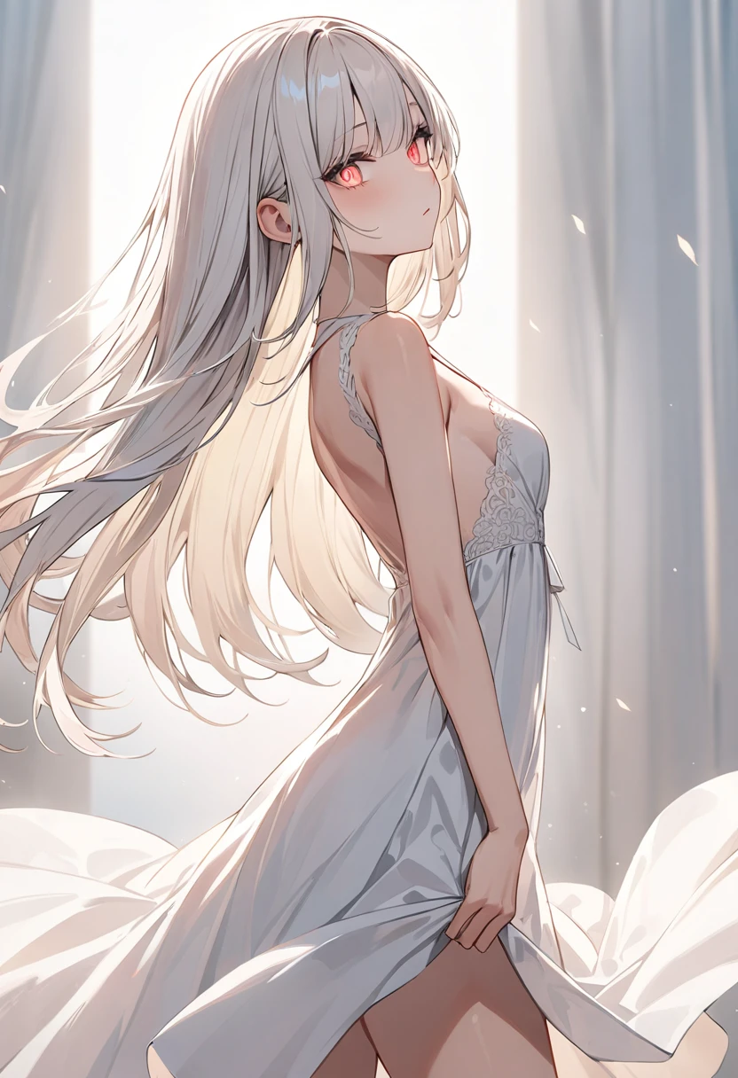 (masterpiece, top quality, very aesthetic, 4k、illustration), intricate detail, 1woman,、solo,contrapposto 、Strong glowing eyes、,(cowboy shot)、、(),beautiful face、from side、clear face、straight hair、red to white gradient hair、,middle hair,sidelock ,レッド　eyes、white Summer Dresses、small breasts、Slim 、dim