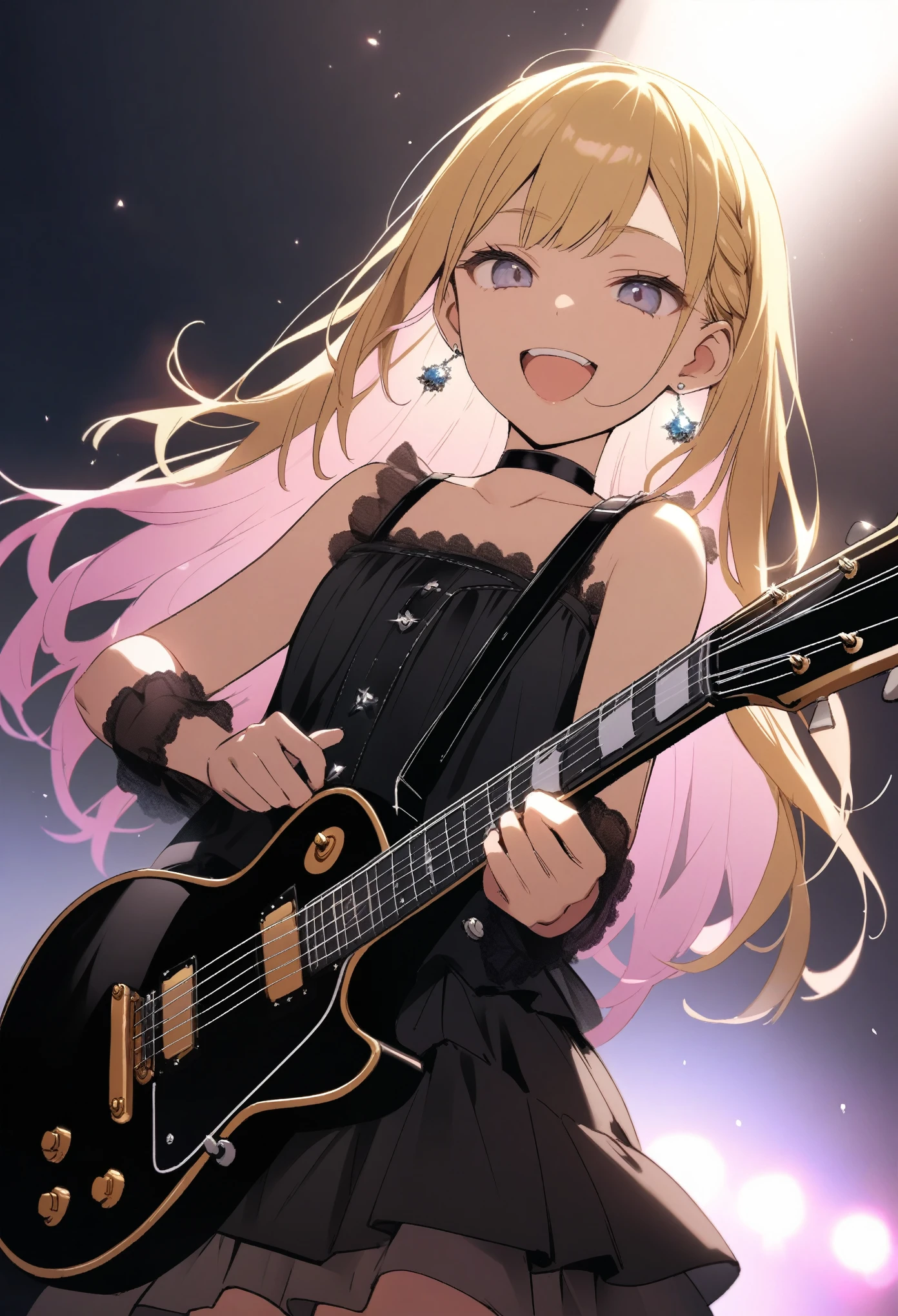 Very cute 15 year old girl, play the guitar、les paul guitar、((She has some silver earrings in her ears.. Black choker、Black punk fashion))、(Golden hair color、Light pink inner color hairstyle、Hair expressed with a delicate touch), Beautiful Hair, Facial Contour, Remember, Live venue stage, splash, Lens flare、Bright lighting、illumination、Natural Color, High resolution, Very delicate, Very detailed, 8k、Shyness,((Sexual)),((Naughty feelings)),smile、Full body angle、View angle from below
