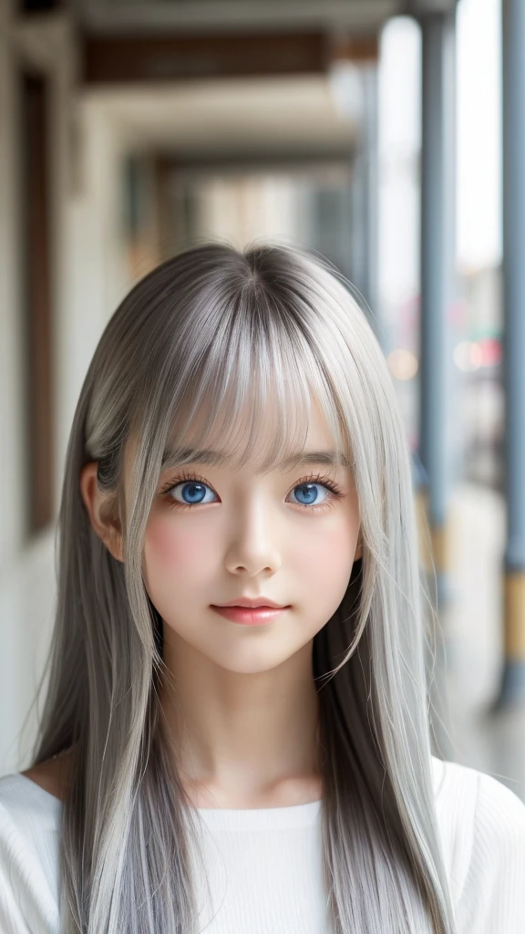 Shining, clear, white skin、Her windblown silver hair hides her beautiful face.、huge、28 years old cute sexy little beautiful face、Beautiful straight hair that stands out、growing up, Sparkling light blue eyes、long silky bangs that cover cute eyes, Sexy and cute young woman with super long hair hiding her sexy face、Shining silver hair、耳が長いエルフ