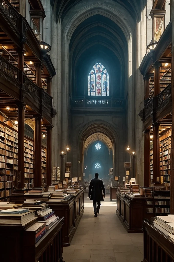 There is a photo of a man walking through a bookstore., Gothic Epic Library concept, Gothic Epic Library, Gothic Library, A library of Ruina concept art, Ancient Library, Book Cave, Library of Magic, The Eternal Library, Dark Library, Dusty Library, Alchemist's Library Background, Born Space Library Artwork, Vast library, Castle Library, Dark Library, Infinite Book