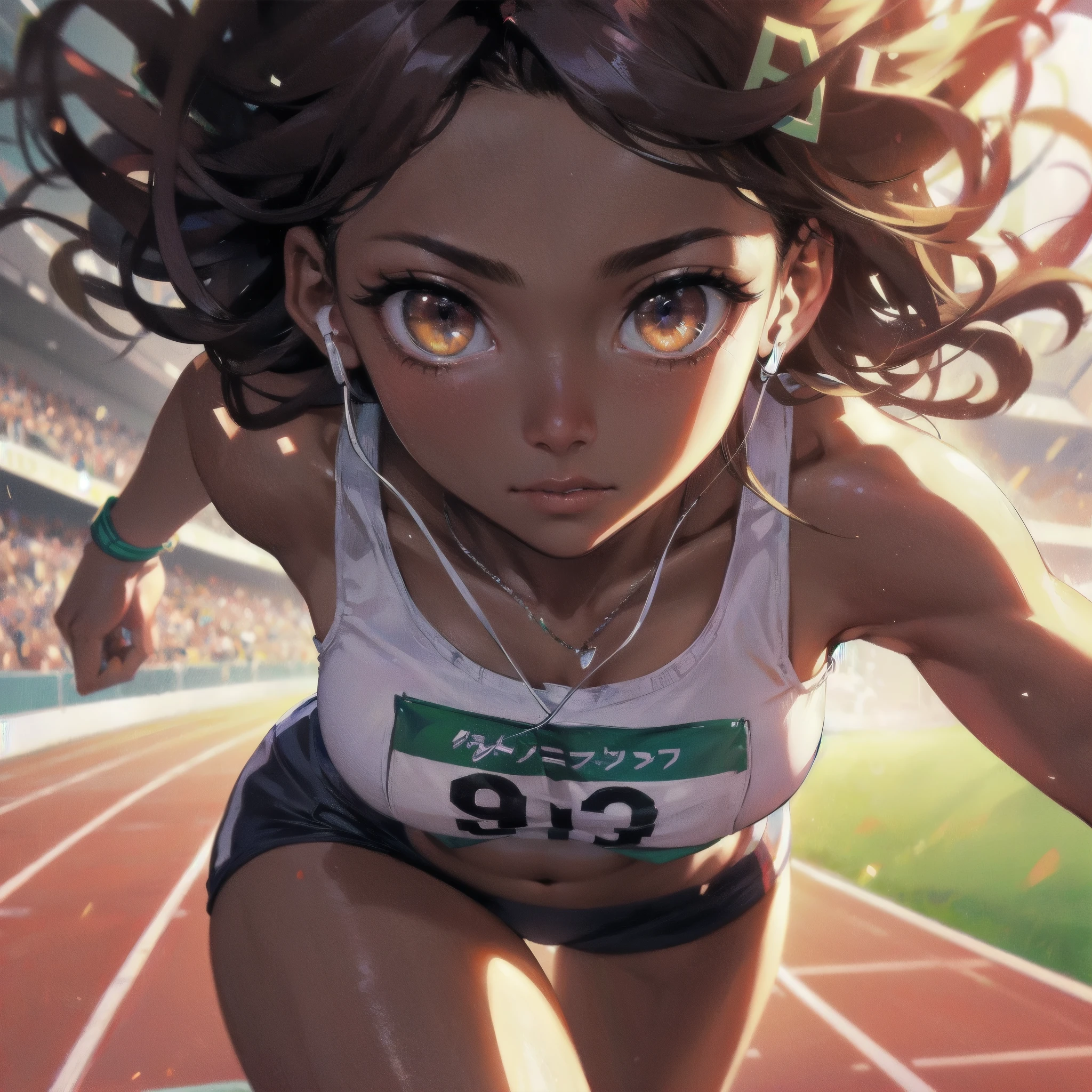 masterpiece, (textured skin), best quality, gorgeous beautiful girl, (a female track and field athlete), detailed clothes,large breasts,narrow waist,, (beautiful face), cinematic lighting, (at track and field ),