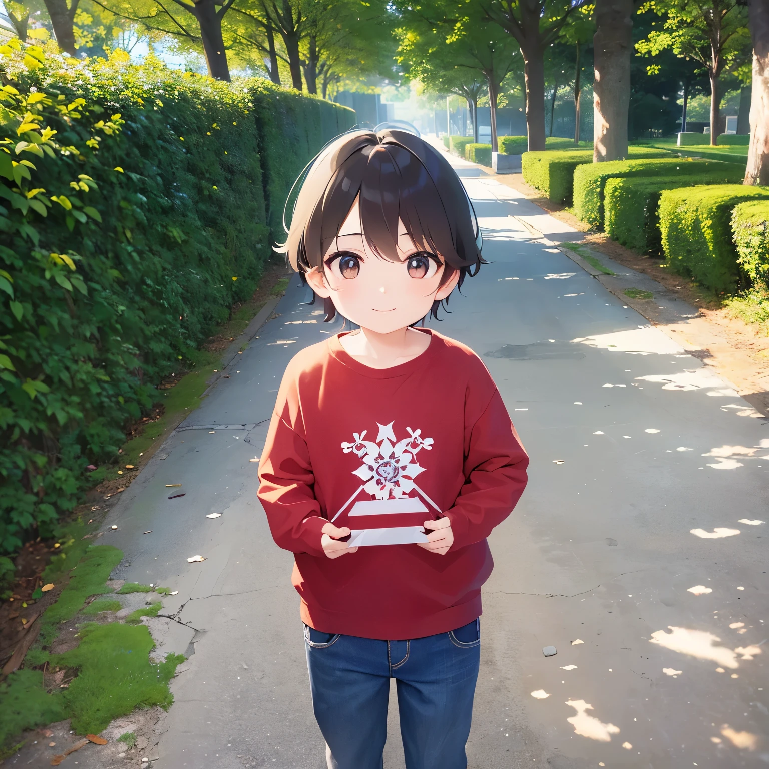 With arms outstretched、 child、masterpiece、Highest quality、 (Short hair with brown bangs) and (Orange eyes) and (5 year old boy:1.5)、Boy, (Blue long sleeve shirt:1.5)、 smile, The background is a park、The upper body is shown、Alone、Are standing