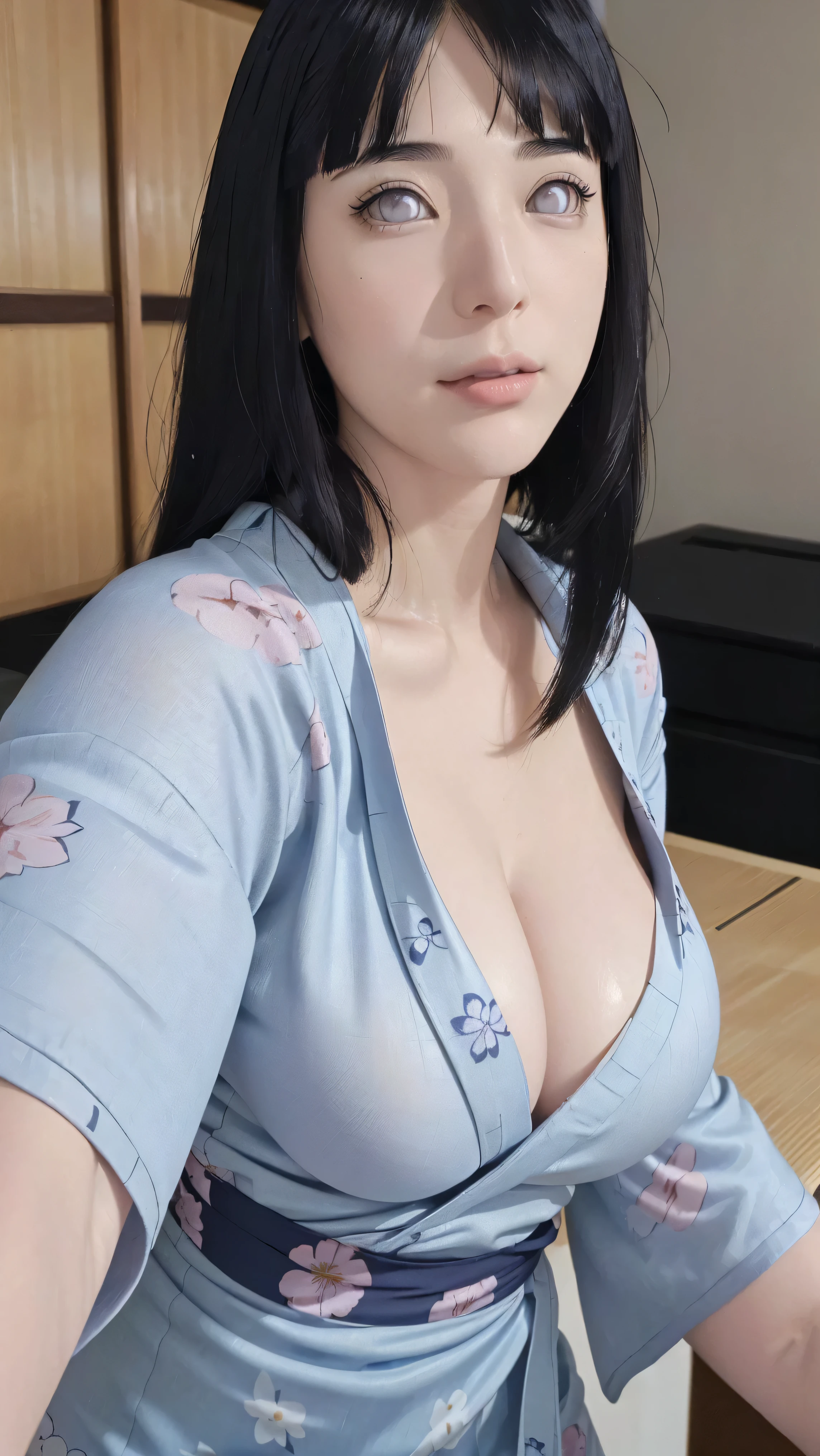 masterpiece, hinata\(boruto\), 1girl, mature women, (((Light blue floral kimono with spaghetti strap top))), (((Close-up:1.2))), (((selfie))), (((cleavage))), (((Closed clothing))), (((big breasts))), (((big round breasts))), (((round breasts))), (((extremely heavy breasts))), (((Colossal tits))), (((heavy breasts))), (((plump breasts))), (((perfect breasts))), (shy face), detailed lips, beautiful face, blush, (pink lips), (((long hair))), white eyes, gentle gaze, smile, super realistic, detailed, realistic face and body, realistic hair, realistic eyes, realistic nose, realistic lips, seductive pose, (((straight bangs))), (dark blue hair), 28 year old girl