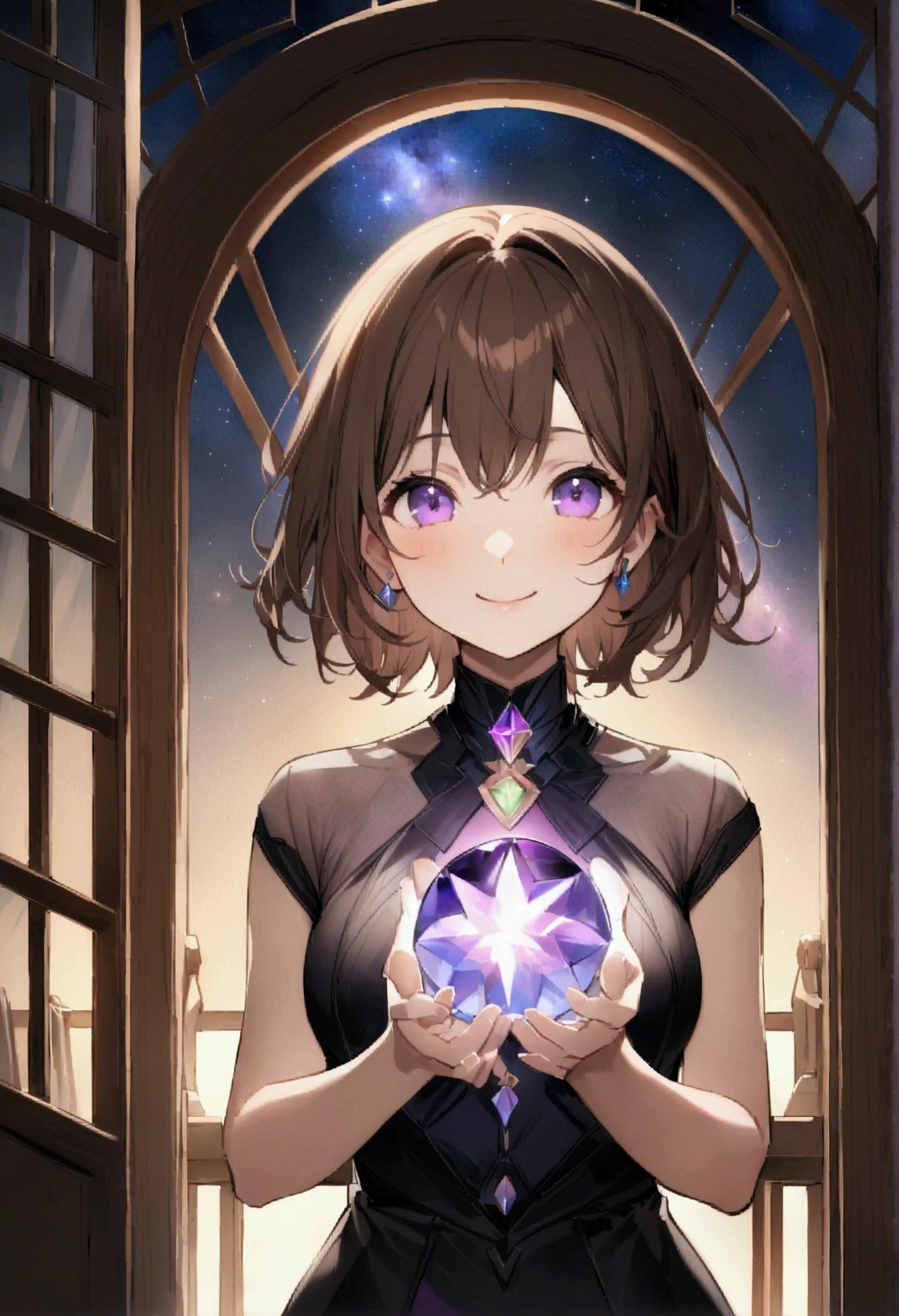 (Highest quality)(masterpiece)(8K)、Alone in a private room、woman、Brown Hair、Age 35、Radio Distribution、Speak into the microphone、short、Upper Body、jewel-like purple eyes、smile、thin、You can see the starry sky from the window、Outfit like the Collapse Star Rail