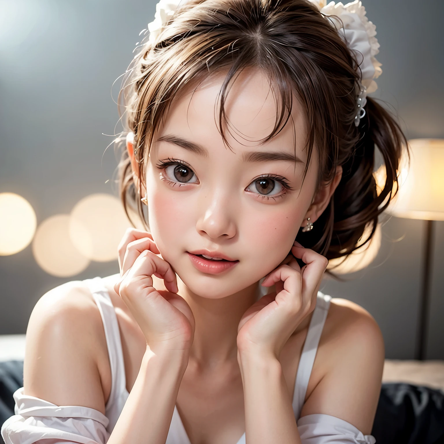 (Extremely Detailed ((Personification as a KAWAII girl of " Audrey Hepburn ")) with Characteristics Items), High-level, 8K Masterpiece TopQuality Ultra-detailed CG, Absurd detailed wallpaper, PerfectLighting, aesthetic LifeLike Rendering, MysticSight, Haze Tyndall Scattering, (Studio GRAY Background with (Oodles Dazzling RainbowColorParticles (BokeH))), ((Assfocus) RoundlyButts ThighGap), (Exposed:0.5) 🔞 BREAK (Acutance:0.8), (NOGIZAKA FaceVariations) Extremely Detailed very KAWAII FaceVariations, Childish CaptivatingGaze Detailed Reflective Eyes with (SparklingHighlights:1.28), Detailed (Voluminous LongEyelashes:0.88)、Glossy RedLips with beautiful details, Kissable tongue, RosyCheeks, Radiant PearlSkin with Transparency, Glowing DowneyHair . { (Dynamic LifeLike expressions:1.4) | (:d) }, (large eyes:-1) .