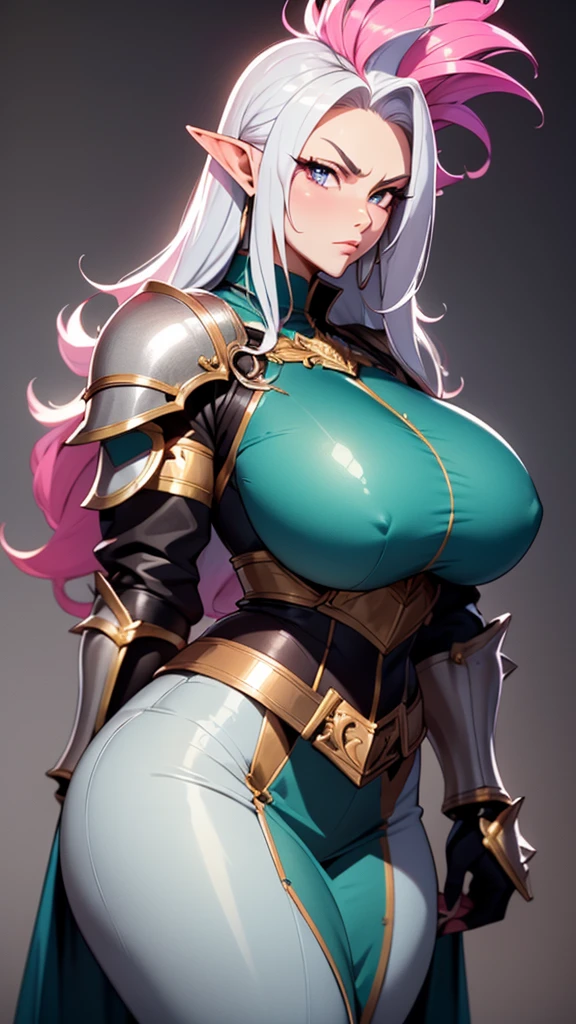 High detailed, 1 girl, gradient 2 colored hair, cyan-pink colored hair, elf ears, extremely huge wild spiked hair, wild spiked hairstyle, serious, sapphire colored eyes, sharp eyes, long earings, big busty, firm plump body, silver armor, soft breastplate, deep cleavage bust framing breastplate, silver armor, pointed shoulder pads, silver gauntlets, silver belt, gray long skirt, looking to the viewer