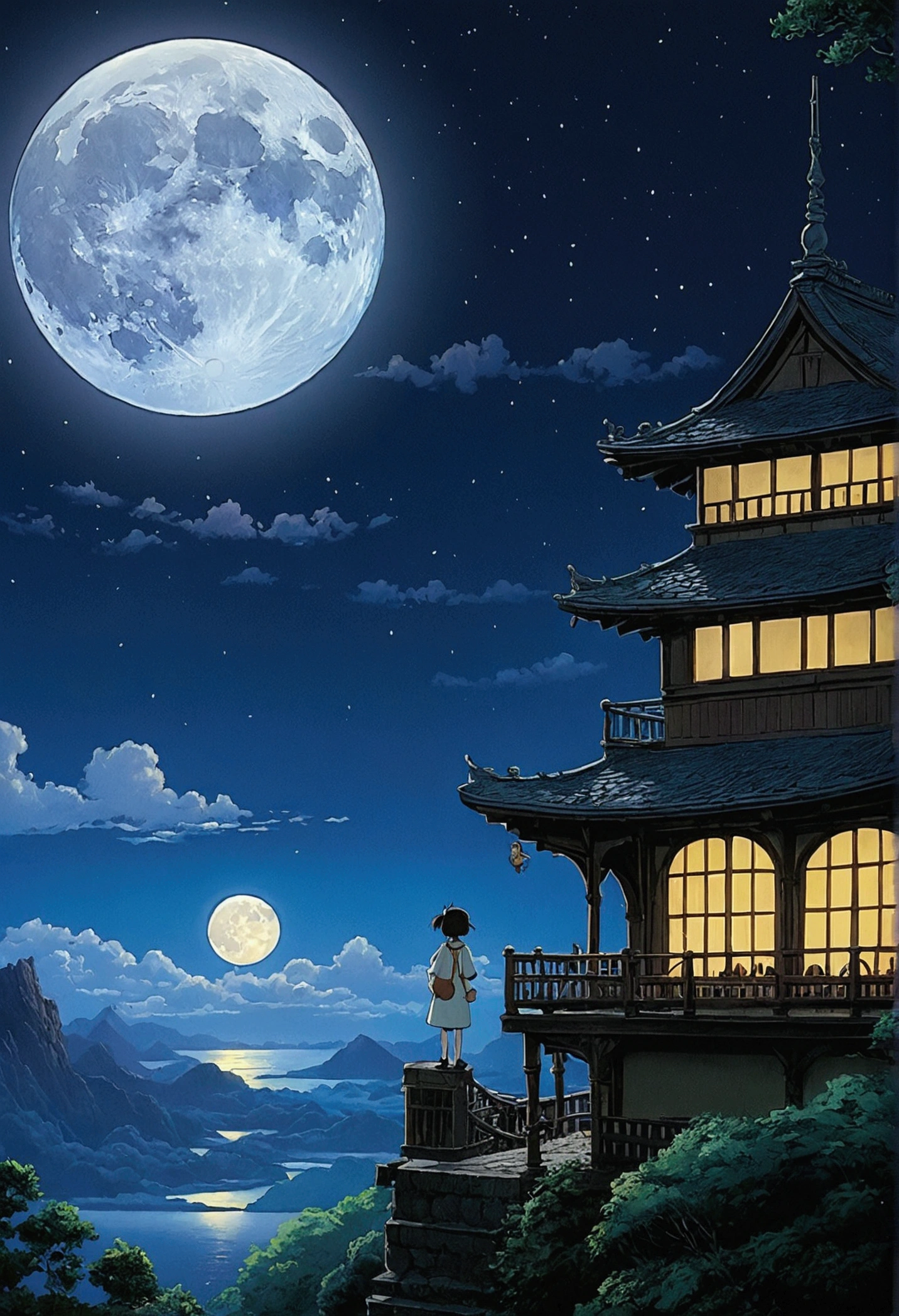 Ghibli night moon fantasy
