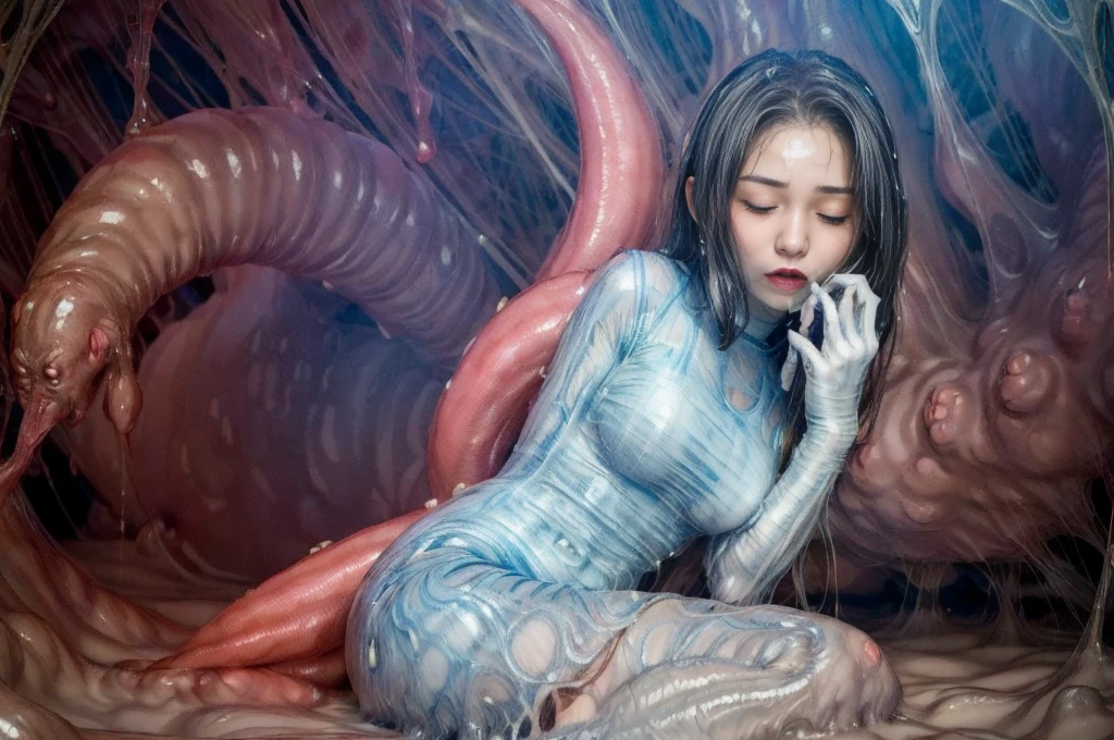 too many creepy tentacles are (((licking))) Asian school girl (inside creature:1.4) of stinky saliva fluids in fantasy, (stinky dress), wet girl, sitting, ((looking at the viewer)), wet skin, bukkake, anguished, bound by slimy tentacles, bdsm, vine, sitting in a mirror, she is resisting from cum shot, fetish, pussy juice stain, (she is hiding her mouth:1.5) inside creature, slimy ((wet skin)) dripping, (beautiful eyes), dried saliva, ((steaming)), depth of field, 1girl, solo, censored