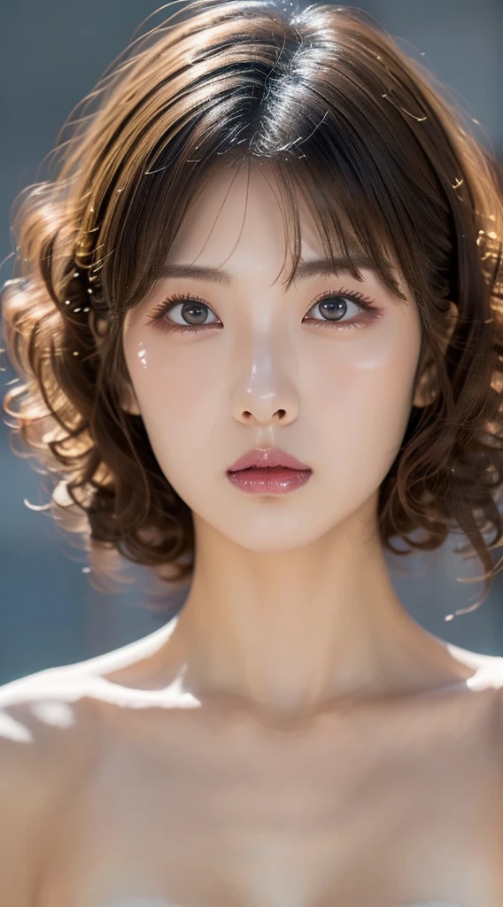 ((Bust up shot:1.6))、One woman、1 photo、((flat and small breasts:1.7))、((sensual look:1.8))、((ID photo:1.4))、((Apply beautiful makeup:1.7))、((A pale cherry-colored lip for moisturized lips:1.5))、((Naked Girls:1.5))、((No underwear:1.5))、Natural Shading、((Moist eyes:1.3))、(K-Pop Idols)、Serene and goddess-like beauty、((Slightly parted lips:1.3))、Natural Shading、((((Curly long hair:1.5))))、((Brown haired Japanese woman)))、(Yin and Yang Expressions:1.5)、masterpiece, Highest quality, 8k, High-definition image quality, (Upper body:1.4), Beautiful girls, Beautiful face, Looking at the audience, Surreal, High resolution, Sharp focus, High resolution, フェイスLight, Dynamic Lighting, Light, Professional Shadow, Simple Background, (Dull grey background:1.4), Highest detail, Very detailed, Ultra-detailed, In detail, Real Skin, Delicate facial features, Detailed face and eyes, Sharp pupils、live action idol