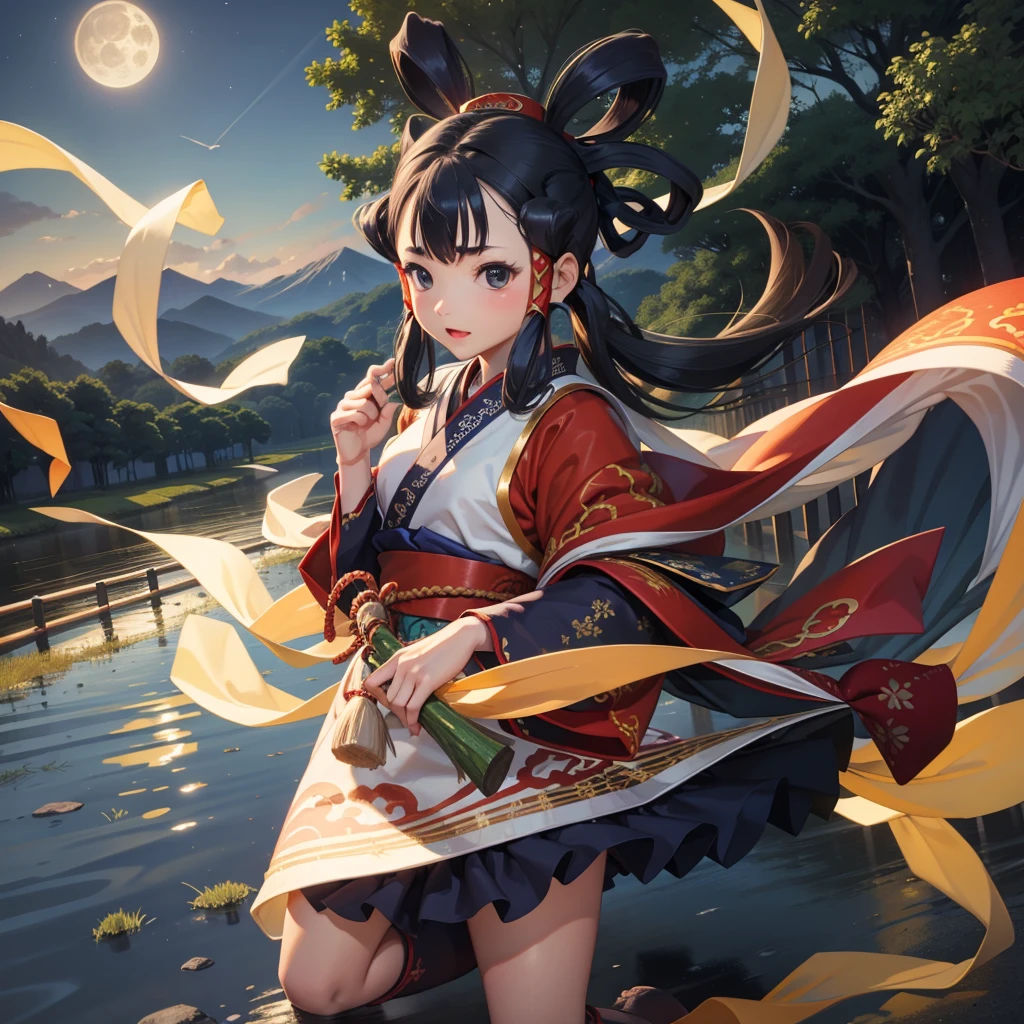 最high quality、high quality、10 years old、Japan in the Mythical Age、Embroidered national costume、Bride Girl、Moonlight meadow、moonlight、Long dress