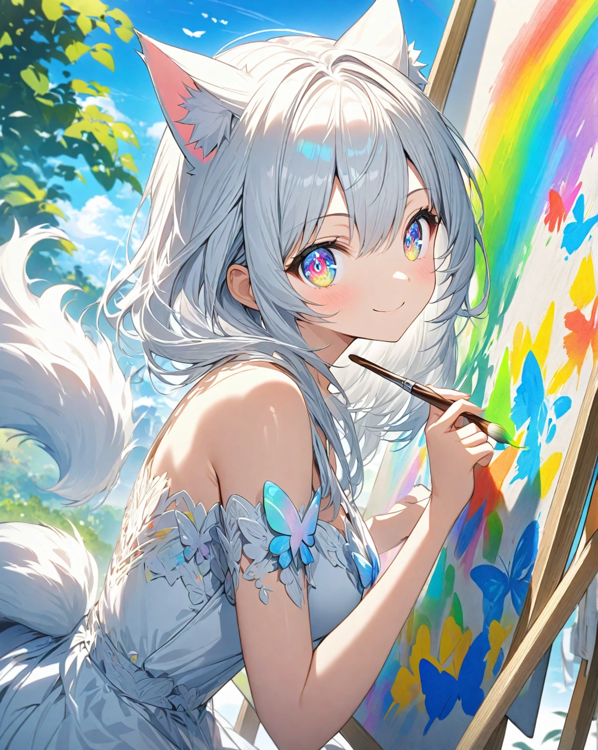 1girl that is painting a butterfly on the canvas. She's a very talented artist. Focus on her that is painting.
1catgirl, cat ears, (white long hair)) , detailed rainbow eyes, intricate cool white dress. Bare shoulders, white Shorts. Portrait. Medium breast. Super detailed. Perfect anime rainbow eyes.
Natural pose. She's smiling , she's Smart . White fox tail. She's Painting a butterfly on the canvas . Artist's sprout with partially painted canvas. He is painting outdoors, it is a beautiful sunny day with blue skies, a few white clouds, meteorites and trails in the sky. Uncomplete drawing on the canvass. Artist pose. She hold a Brush and color palette. She's looking back at the viewer smiling while paining.
Accent colors on the canvas and eyes.
